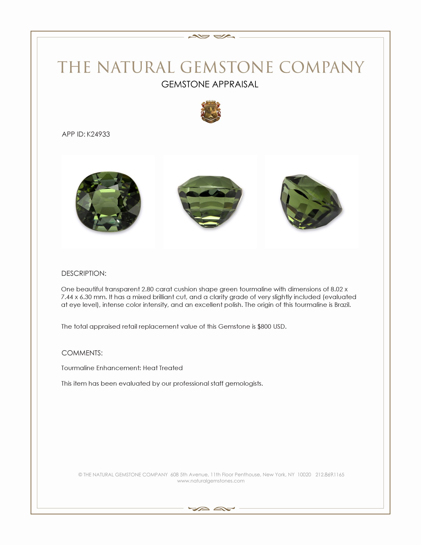 2.80 Ct. Green Tourmaline from Brazil