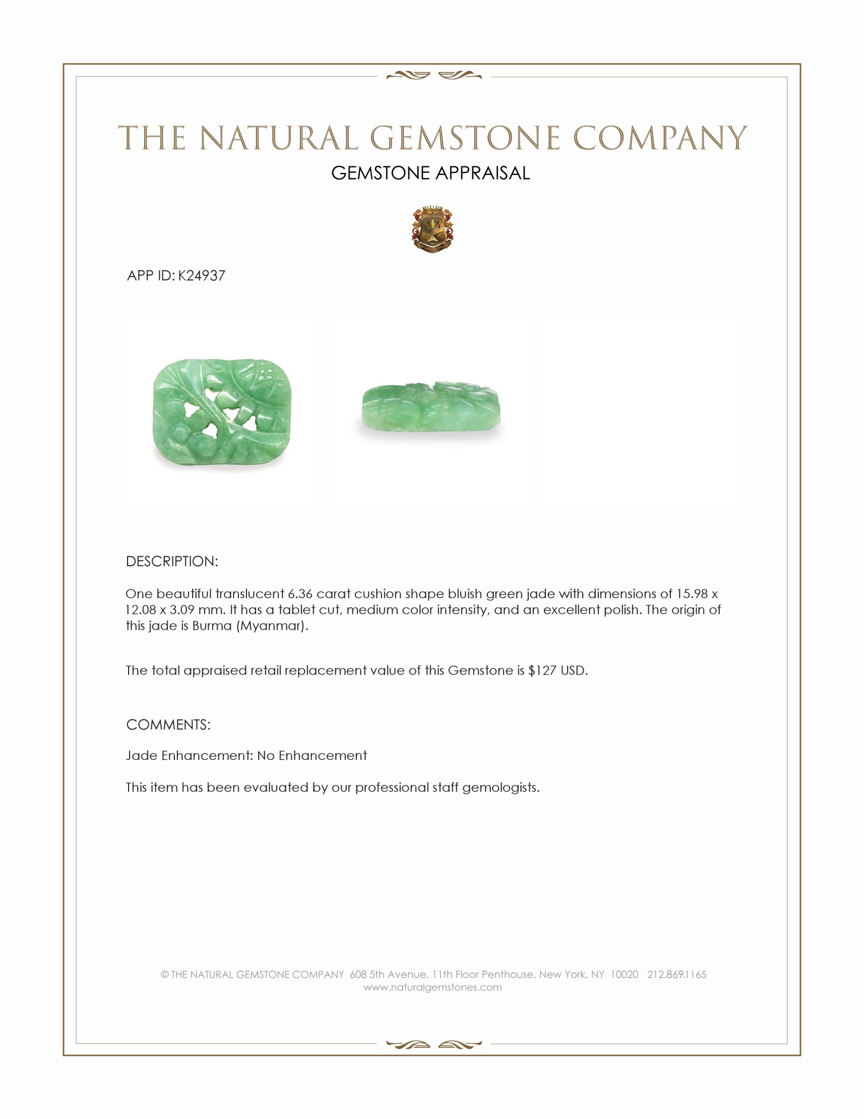 6.36 Ct. Bluish Green Jade from Burma (Myanmar)