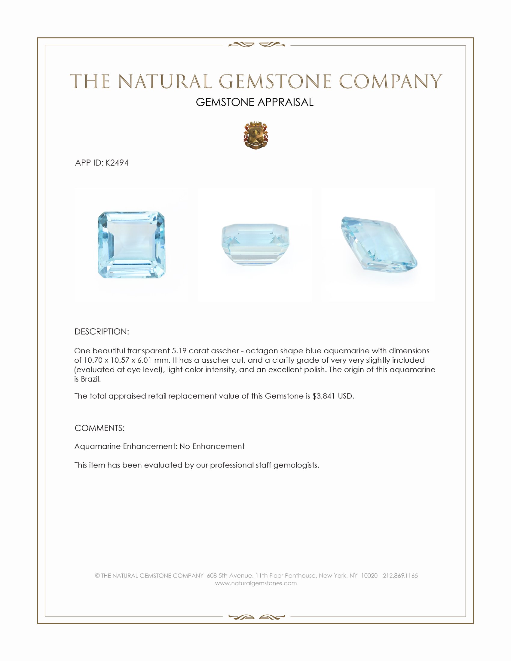 5.19 Ct. Blue Aquamarine from Brazil
