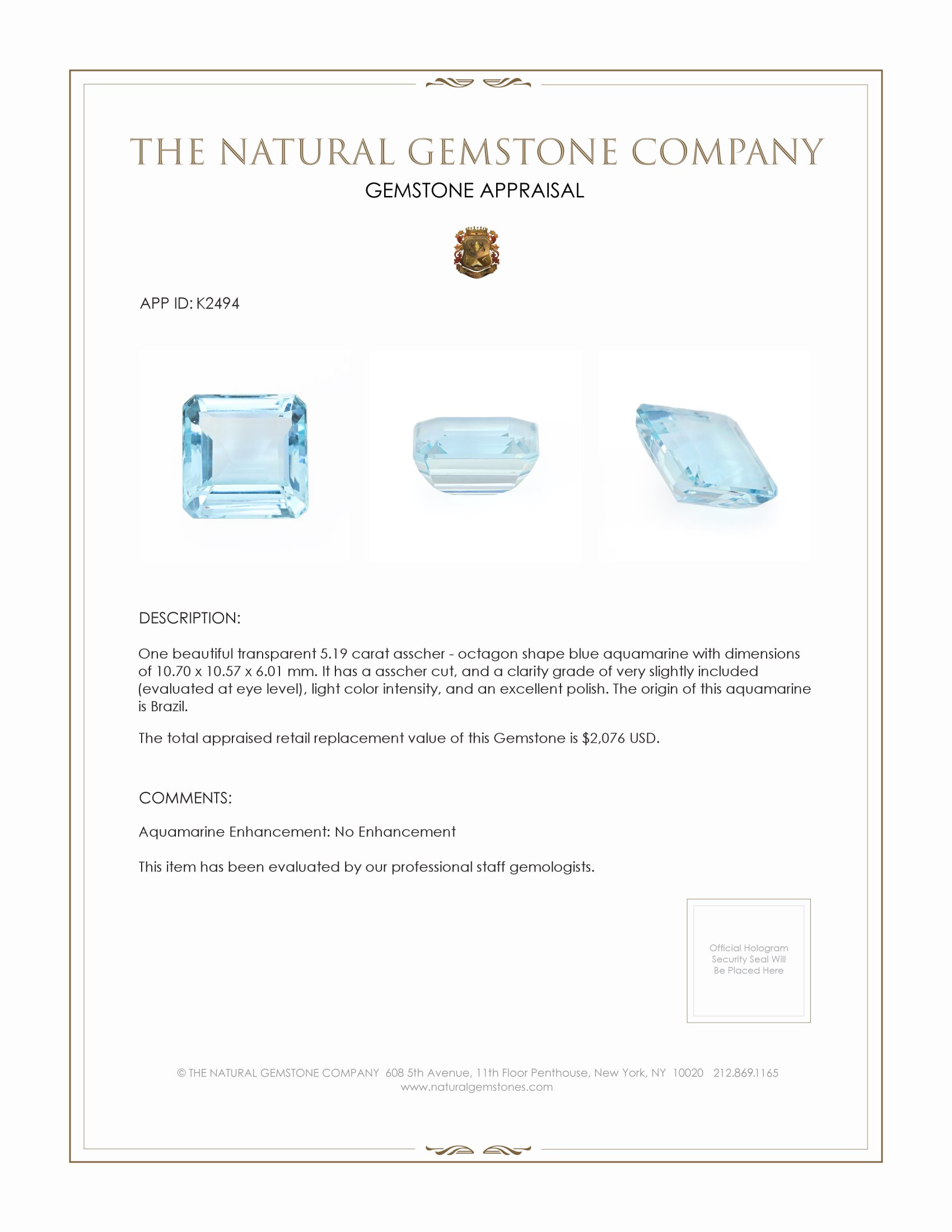 5.19 Ct. Aquamarine from Brazil