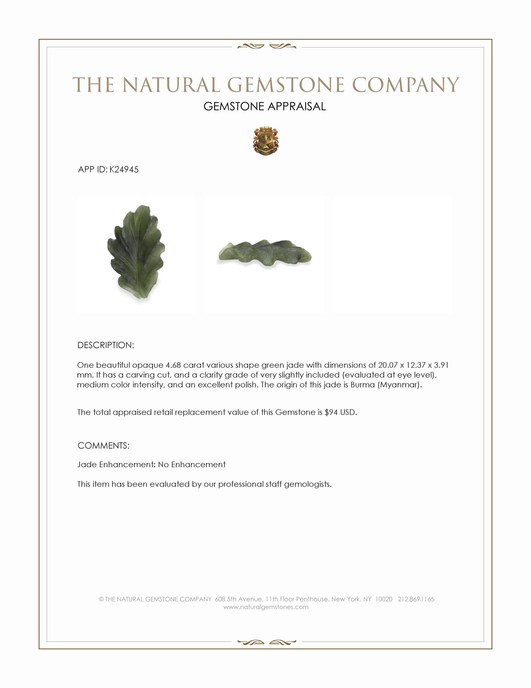 4.68 Ct. Green Jade from Burma (Myanmar)