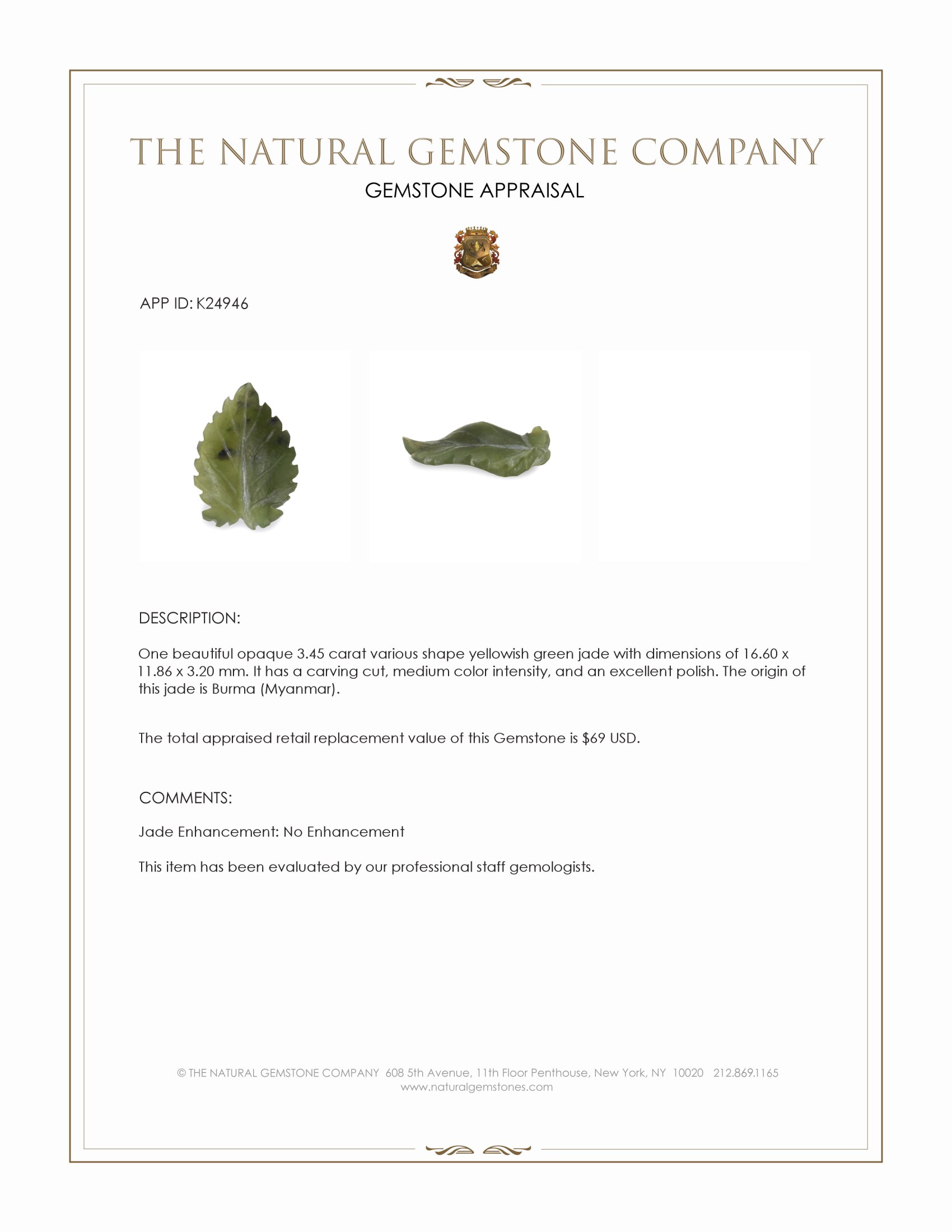 3.45 Ct. Yellowish Green Jade from Burma (Myanmar)