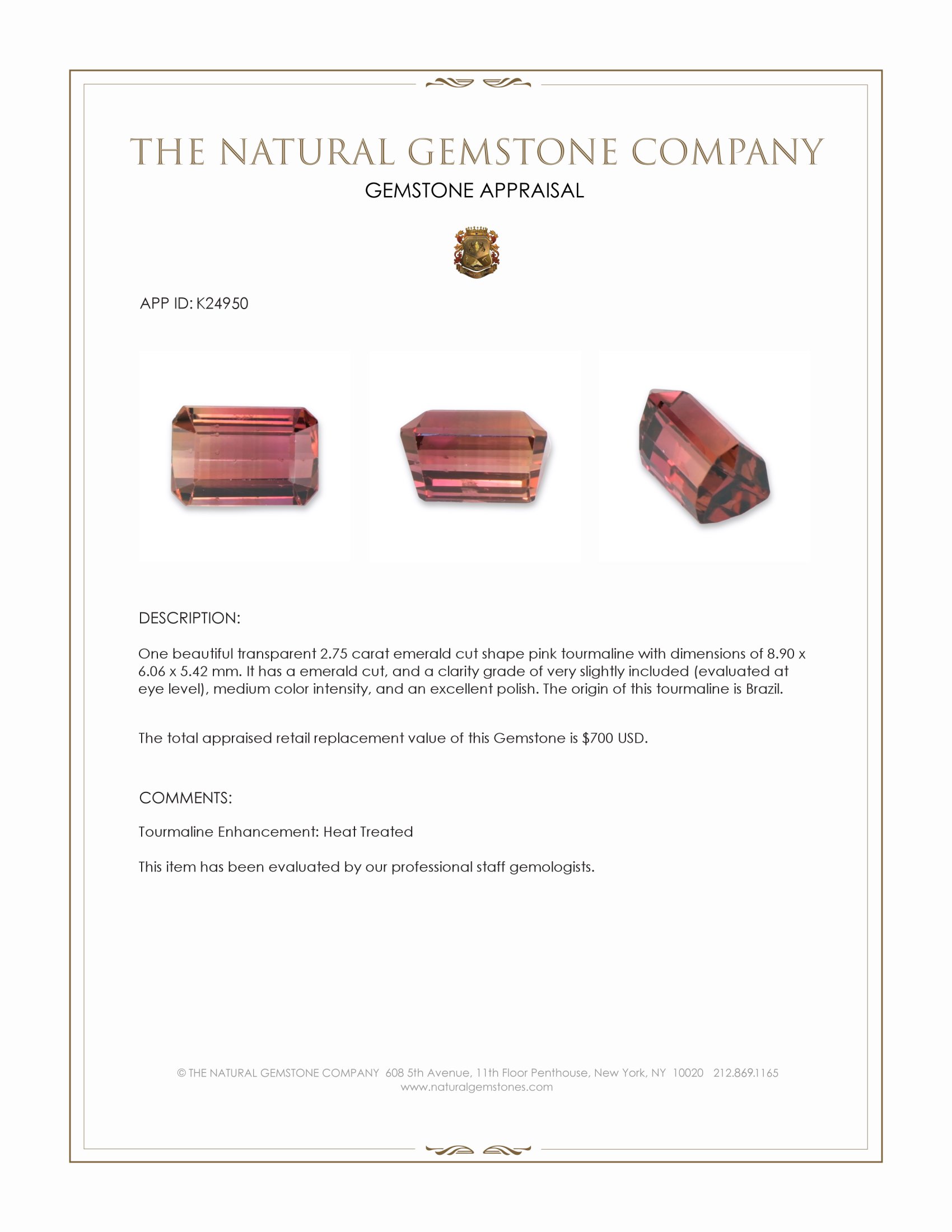 2.75 Ct. Pink Tourmaline from Brazil