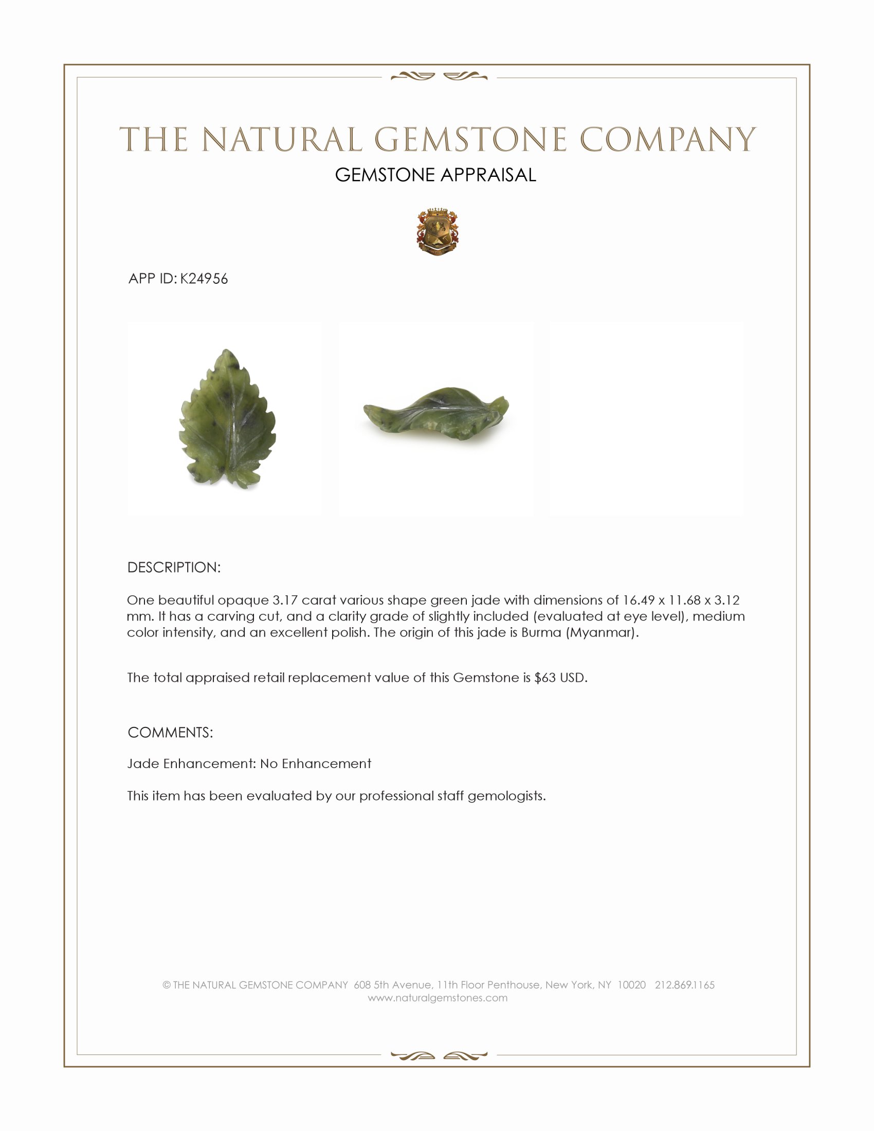 3.17 Ct. Green Jade from Burma (Myanmar)