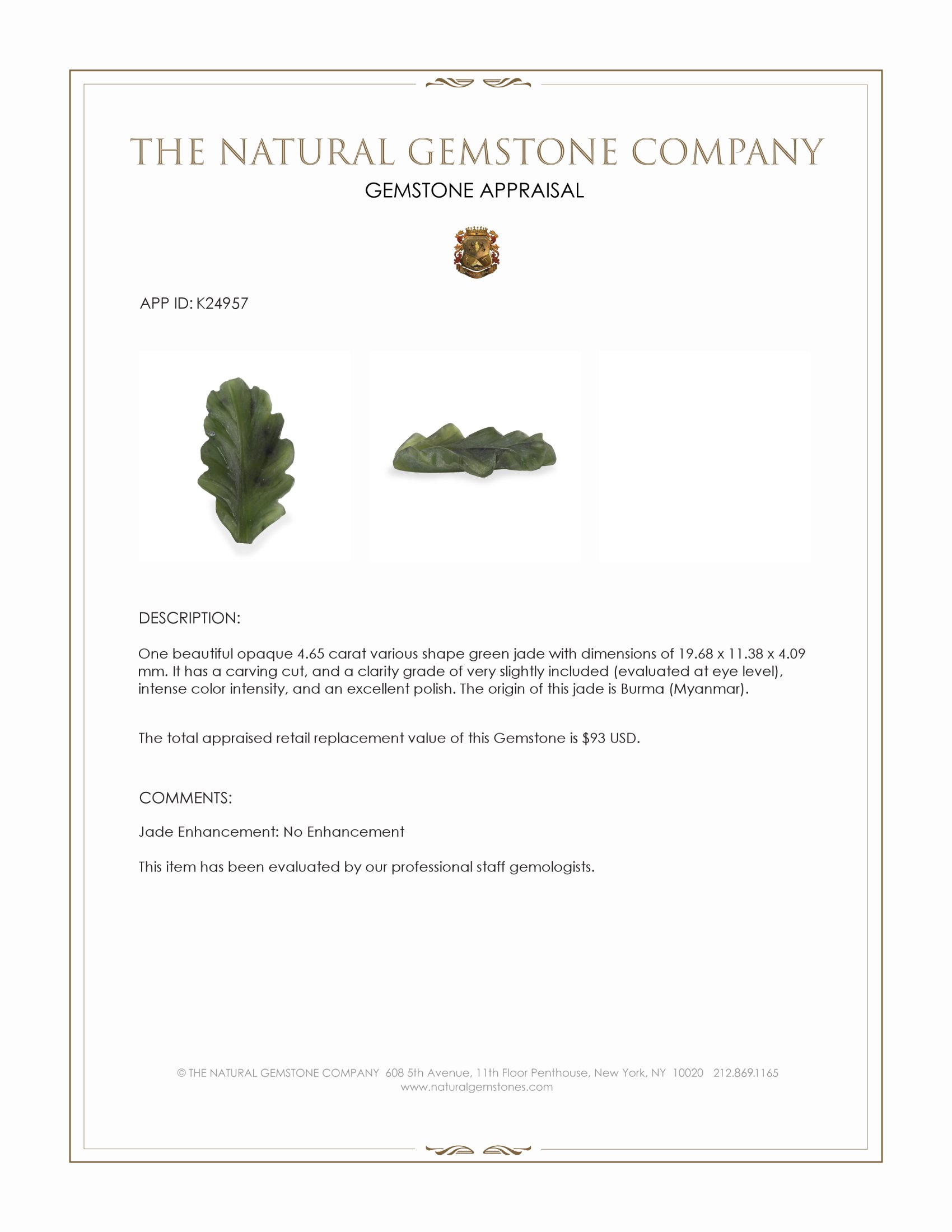 4.65 Ct. Green Jade from Burma (Myanmar)