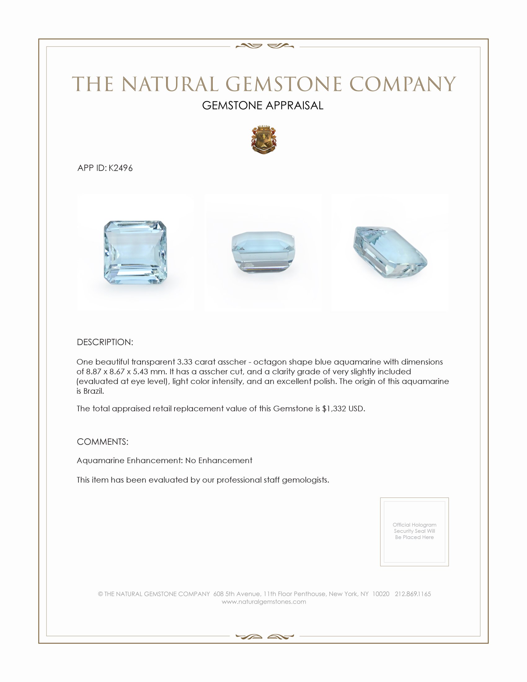 3.33 Ct. Aquamarine from Brazil