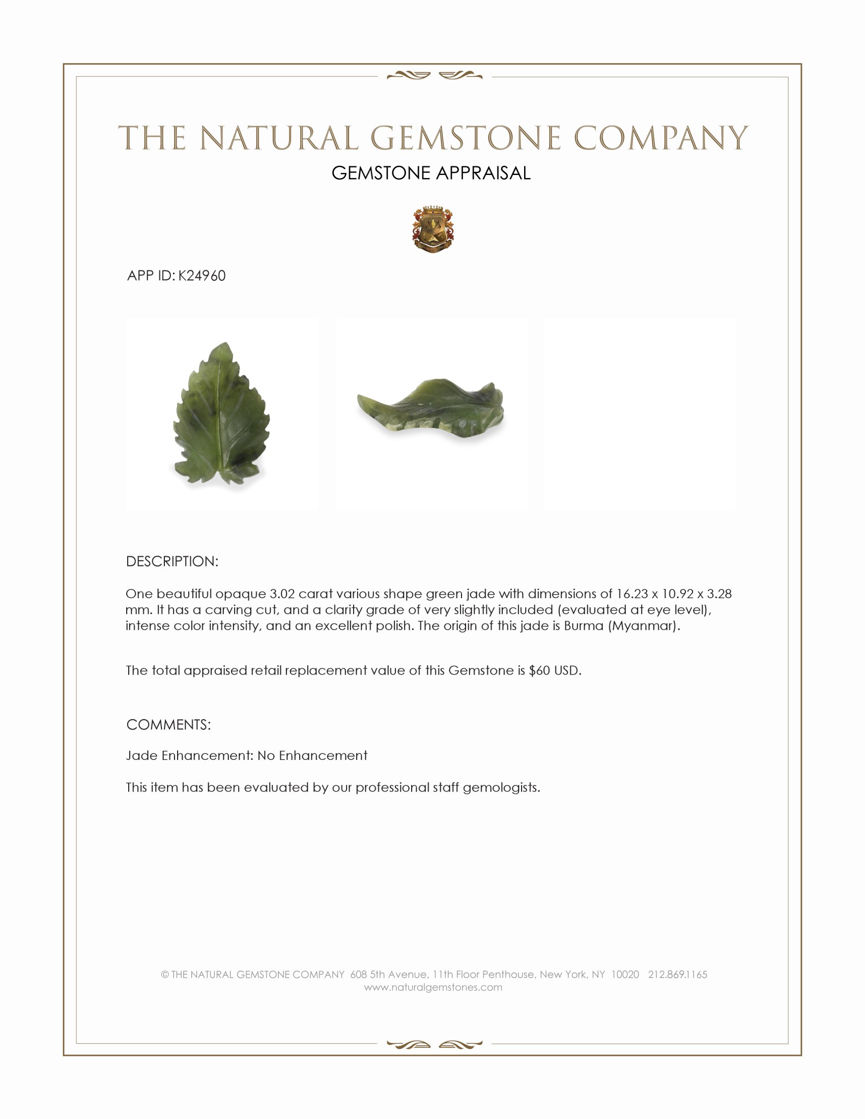 3.02 Ct. Green Jade from Burma (Myanmar)