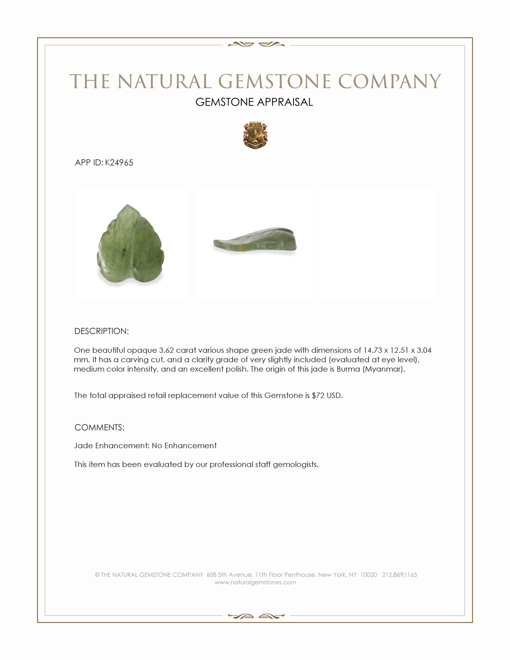3.62 Ct. Green Jade from Burma (Myanmar)