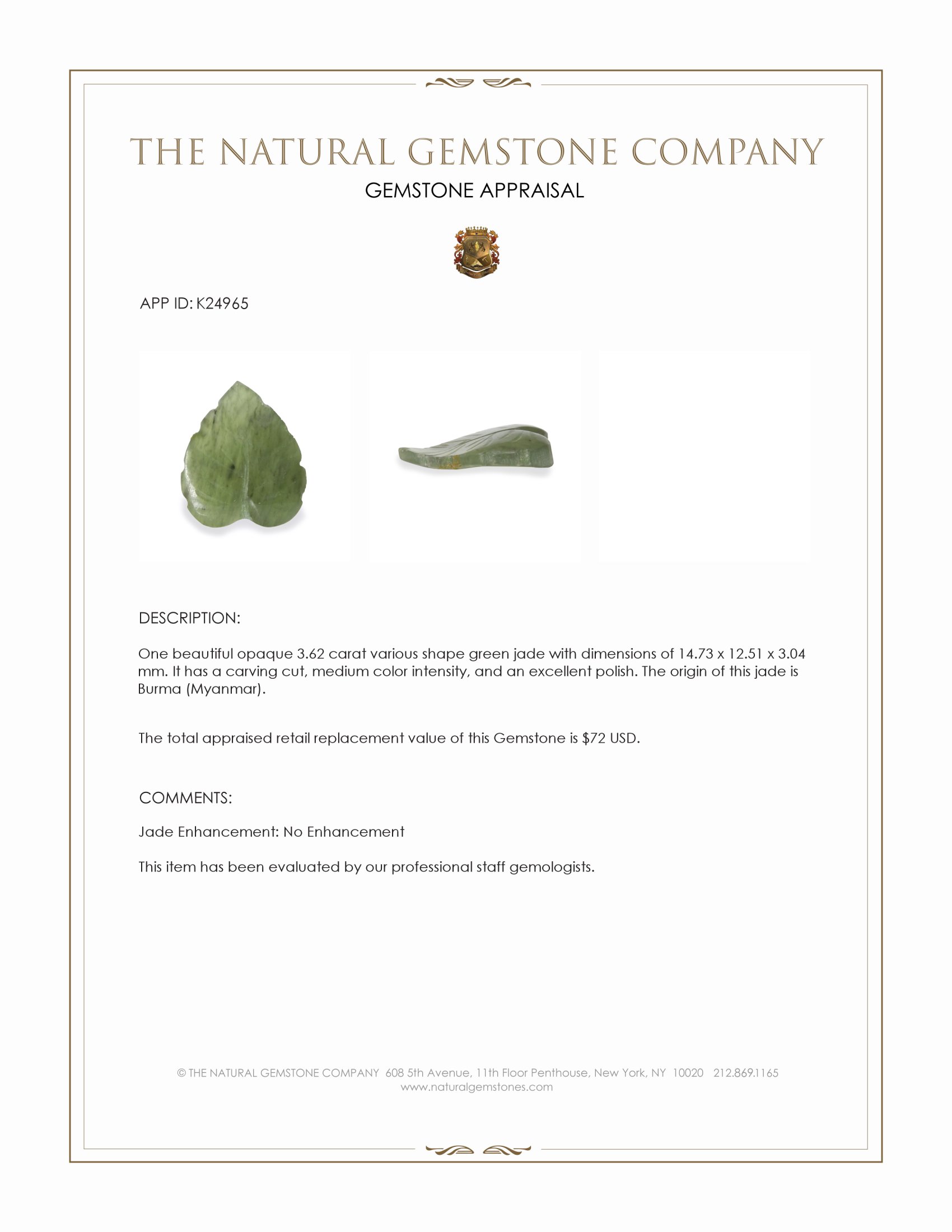3.62 Ct. Green Jade from Burma (Myanmar)