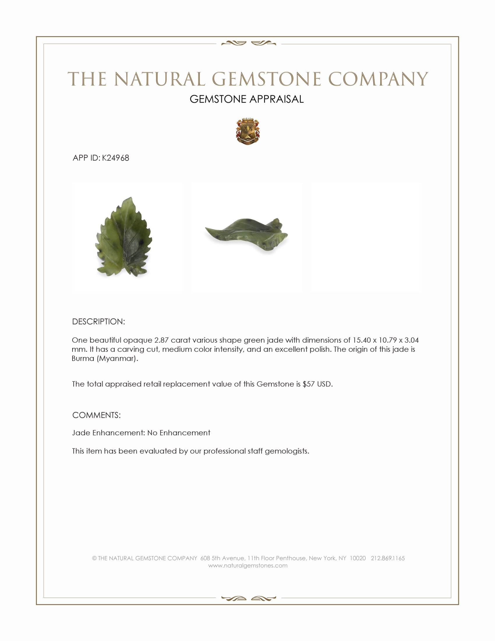 2.87 Ct. Green Jade from Burma (Myanmar)