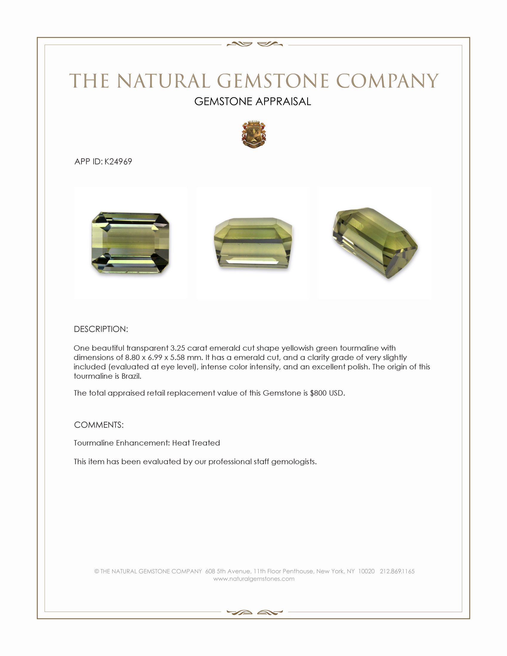 3.25 Ct. Yellowish Green Tourmaline from Brazil