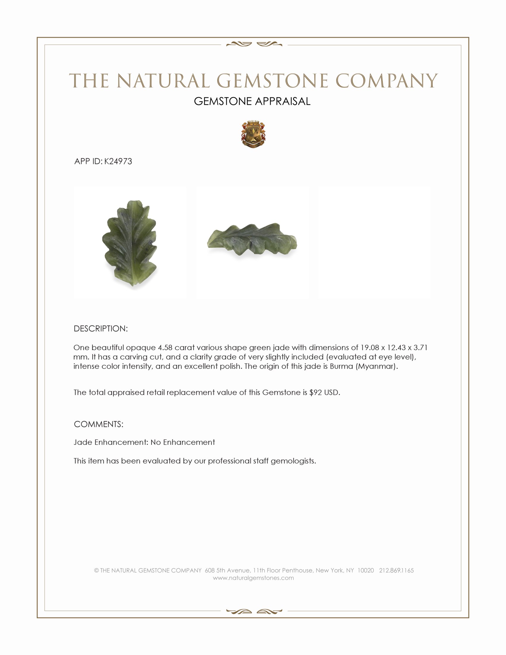 4.58 Ct. Green Jade from Burma (Myanmar)