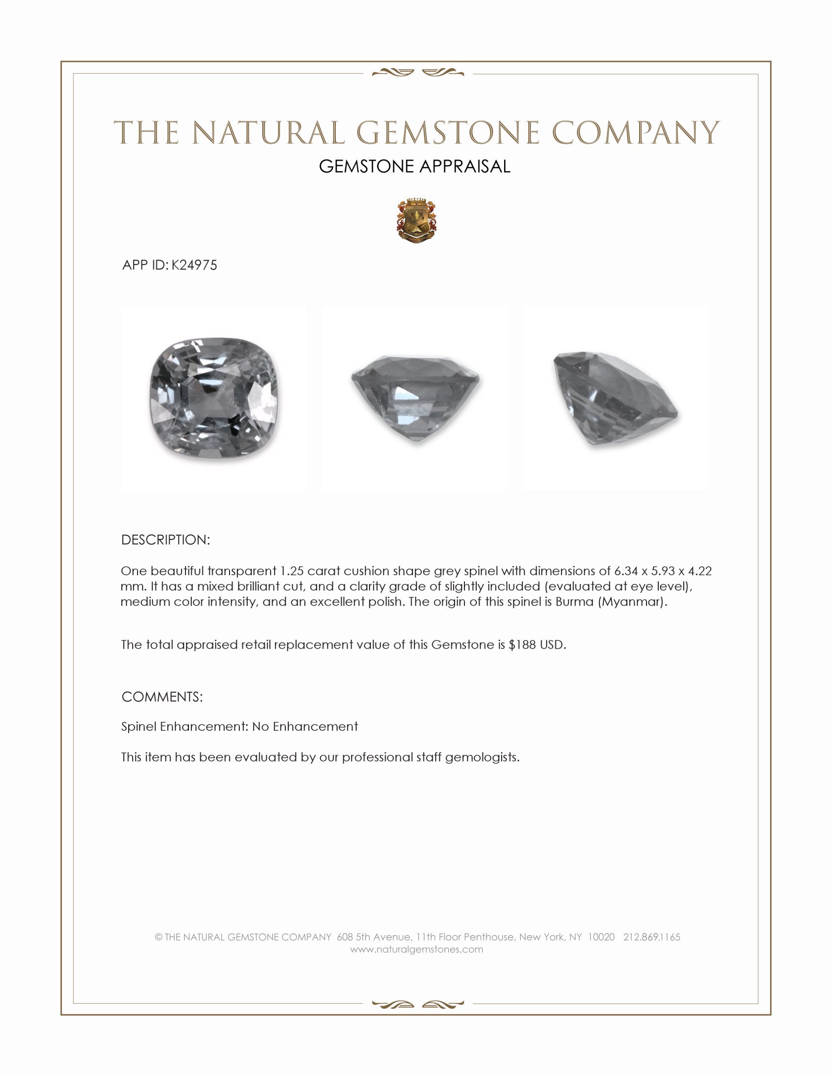 1.25 Ct. Grey Spinel from Burma (Myanmar)