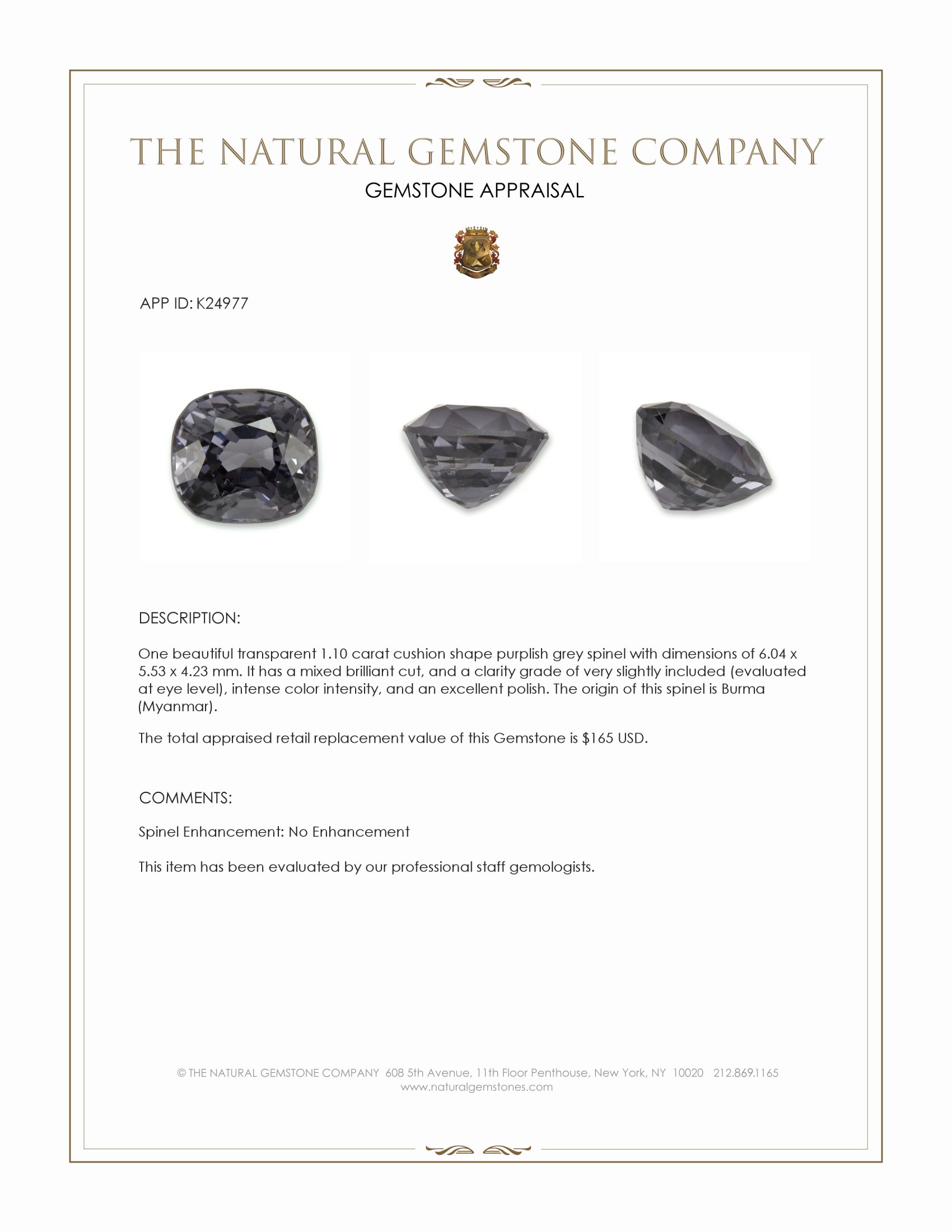 1.10 Ct. Purplish Grey Spinel from Burma (Myanmar)