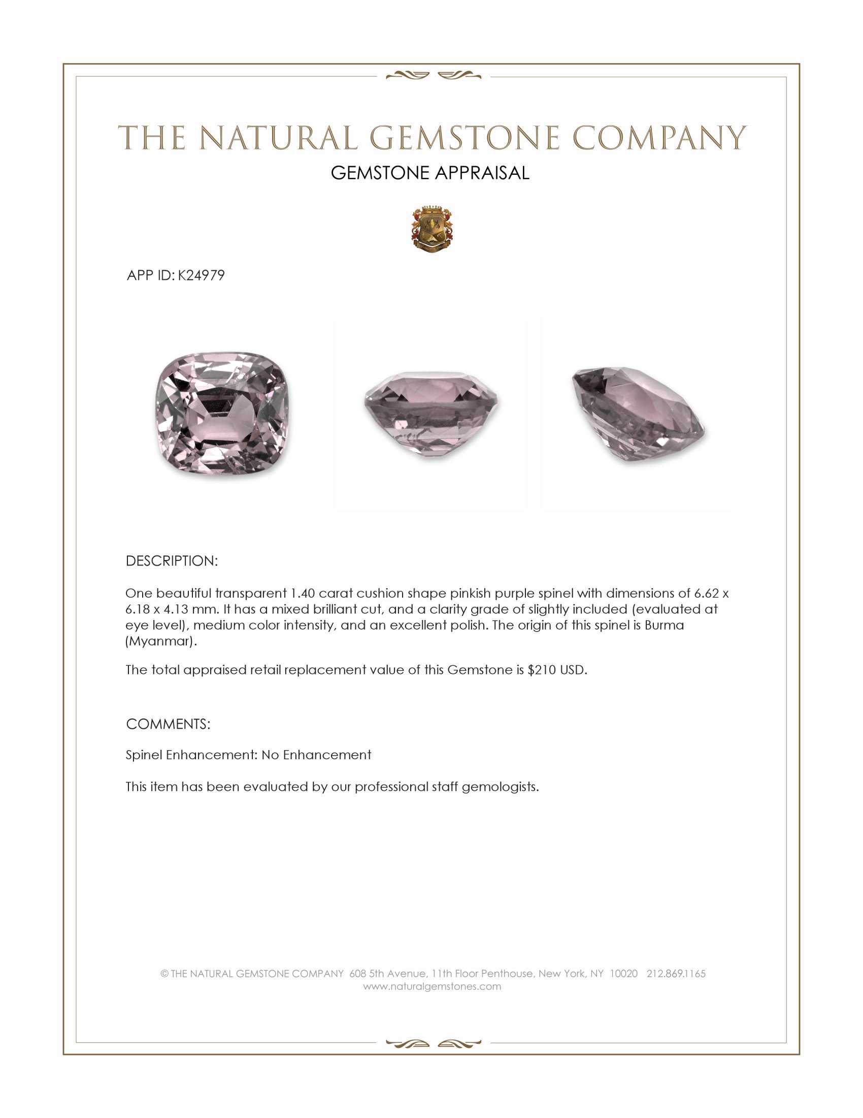 1.40 Ct. Pinkish Purple Spinel from Burma (Myanmar)