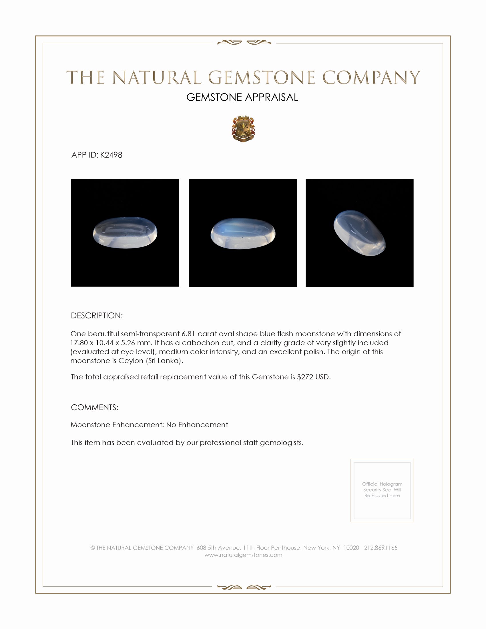 6.81 Ct. Cabochon Moonstone from Ceylon (Sri Lanka)