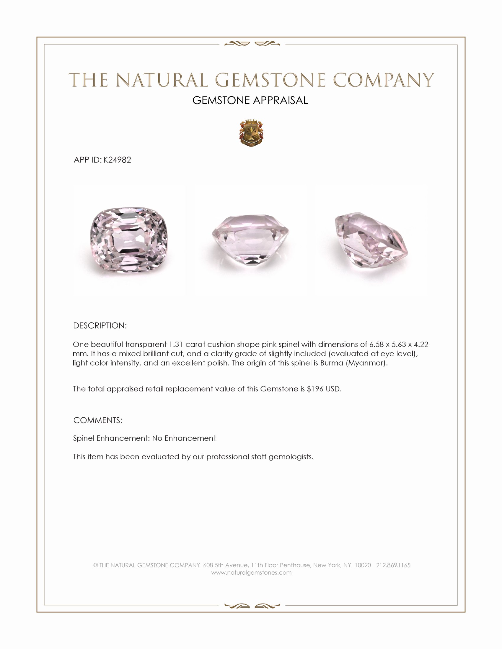 1.31 Ct. Pink Spinel from Burma (Myanmar)