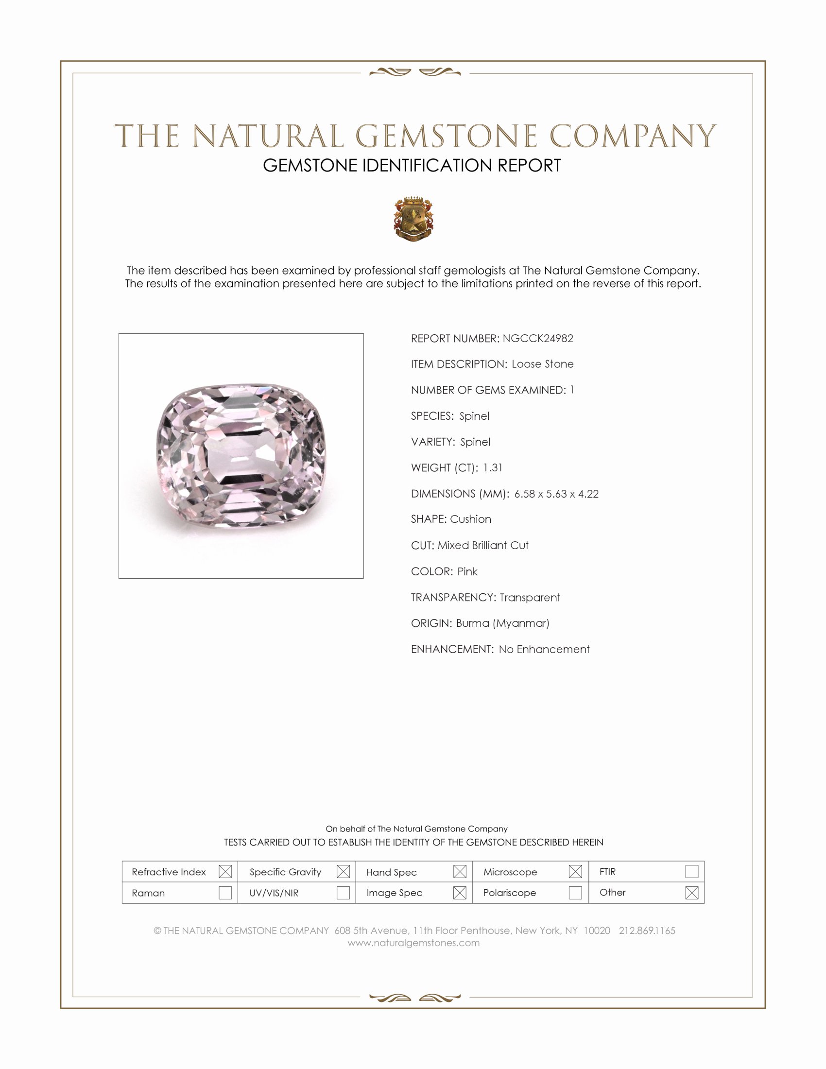 1.31 Ct. Pink Spinel from Burma (Myanmar)