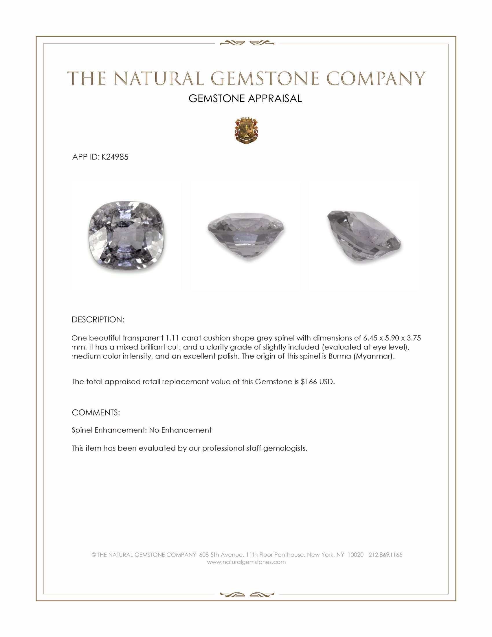 1.11 Ct. Grey Spinel from Burma (Myanmar)