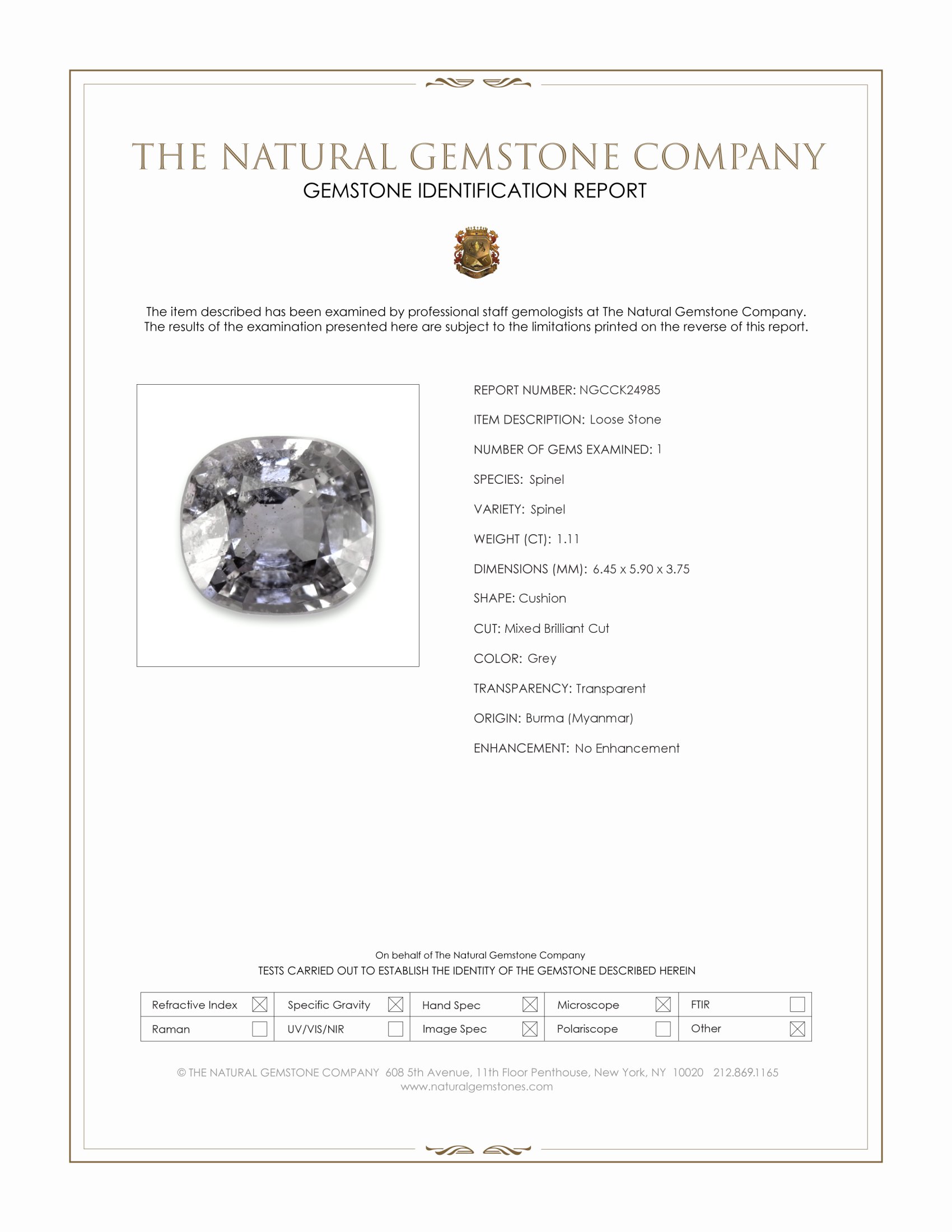 1.11 Ct. Grey Spinel from Burma (Myanmar)