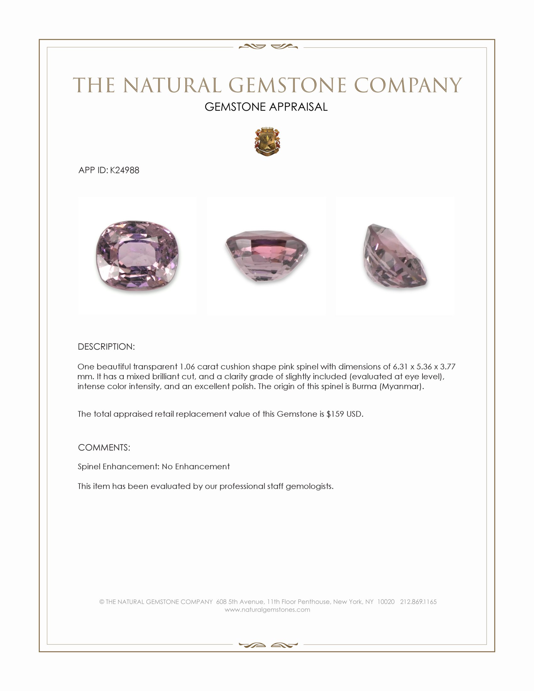 1.06 Ct. Pink Spinel from Burma (Myanmar)