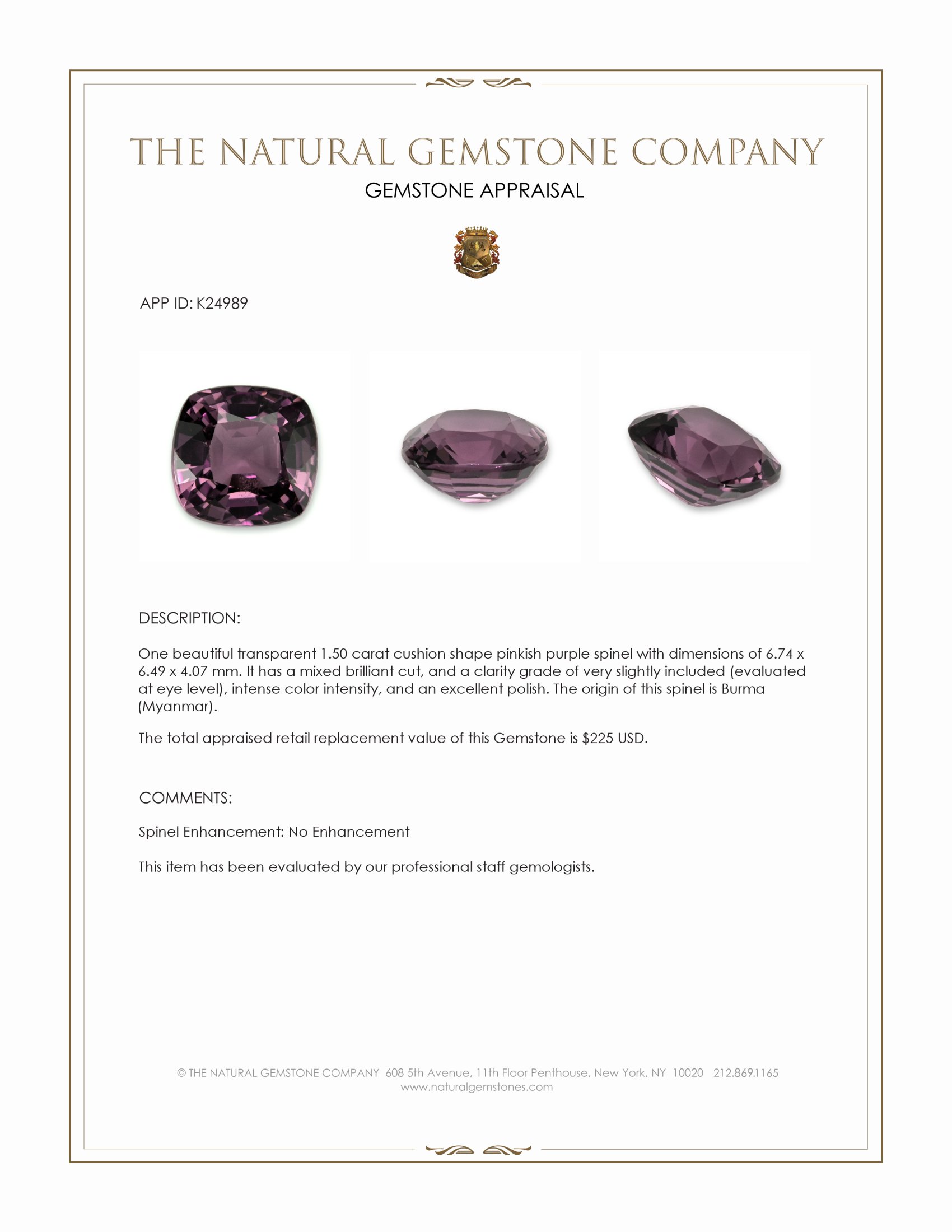 1.50 Ct. Pinkish Purple Spinel from Burma (Myanmar)