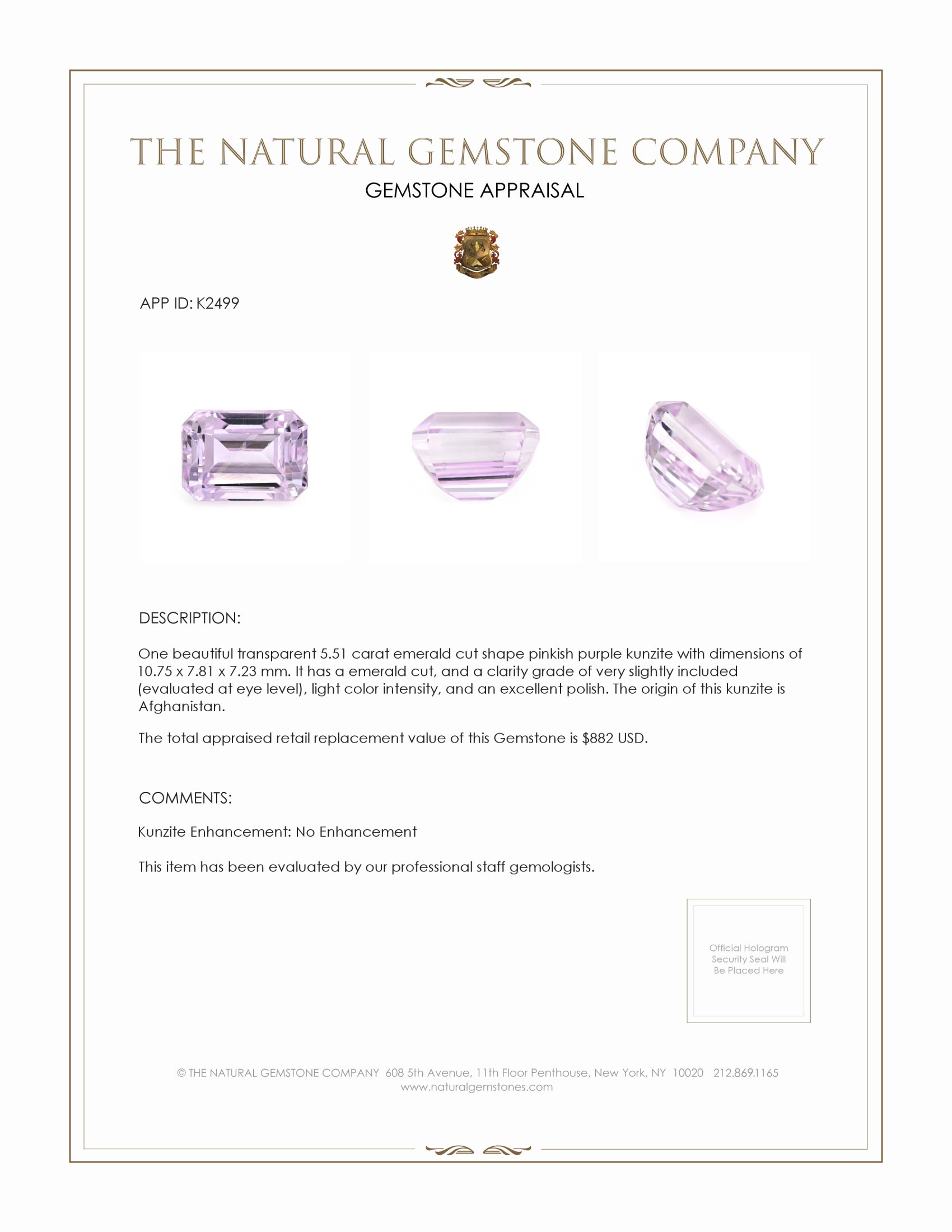 5.51 Ct. Kunzite from Afghanistan