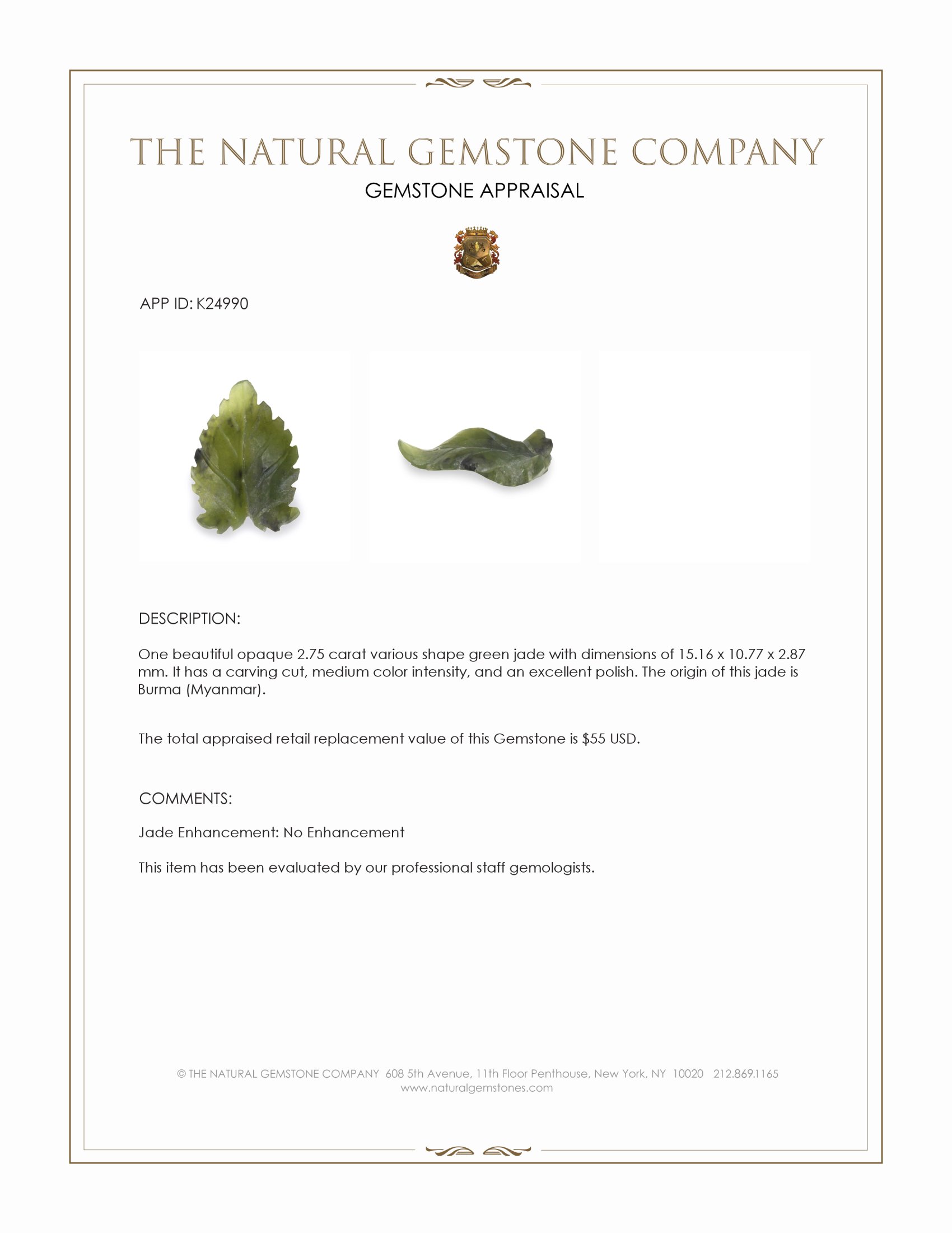 2.75 Ct. Green Jade from Burma (Myanmar)