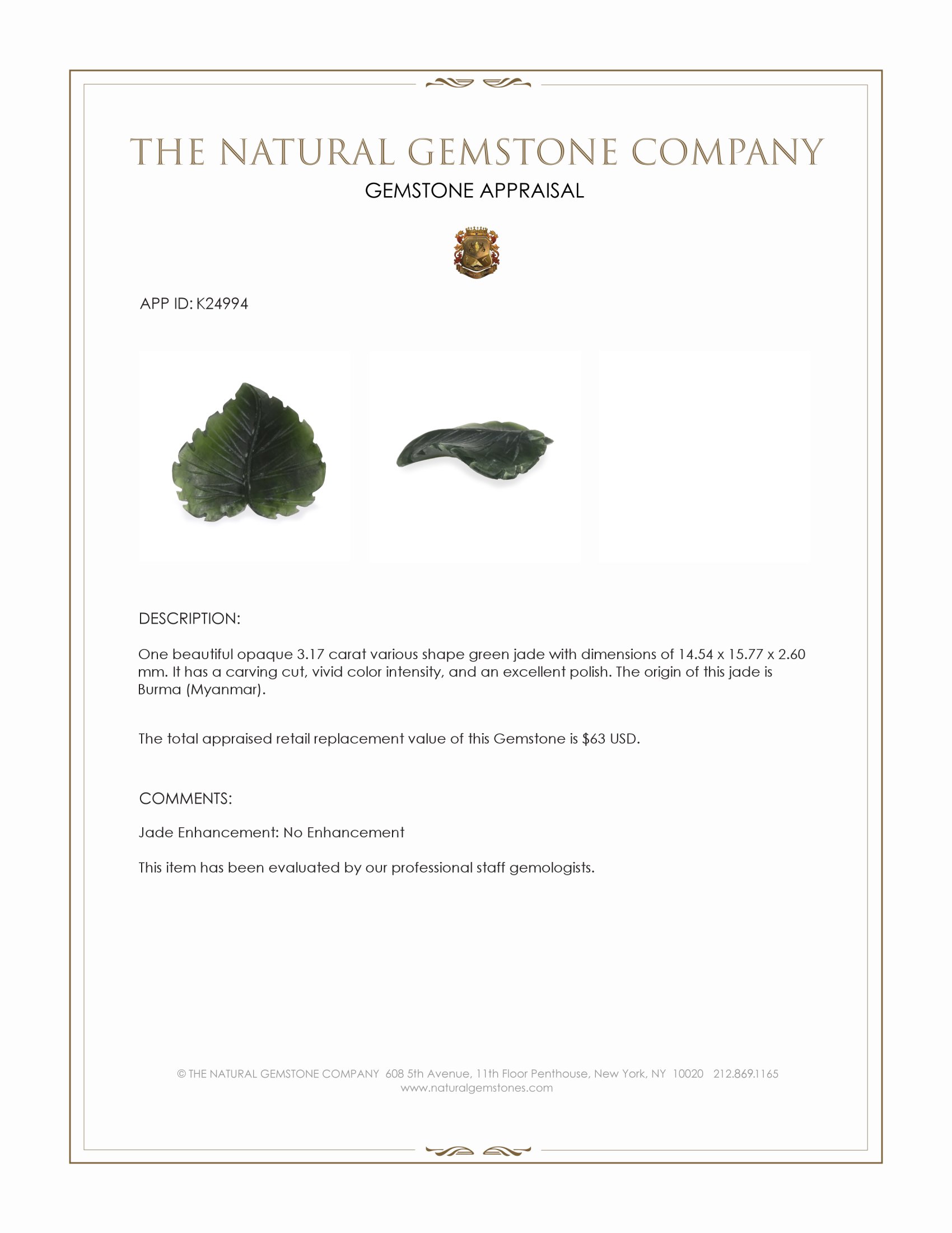 3.17 Ct. Green Jade from Burma (Myanmar)