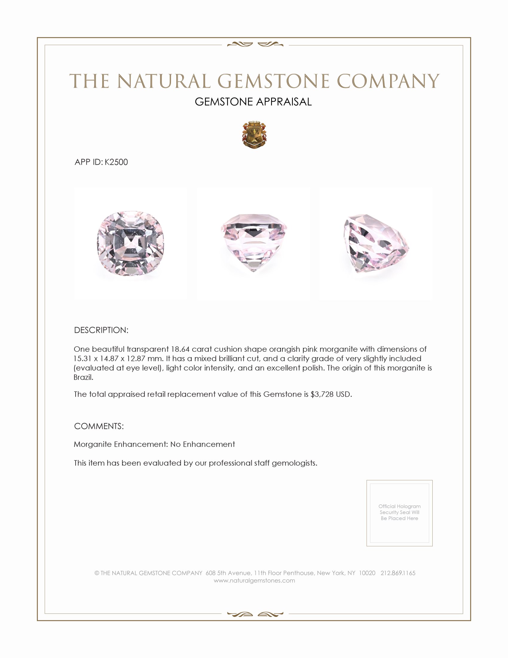18.64 Ct. Morganite from Brazil