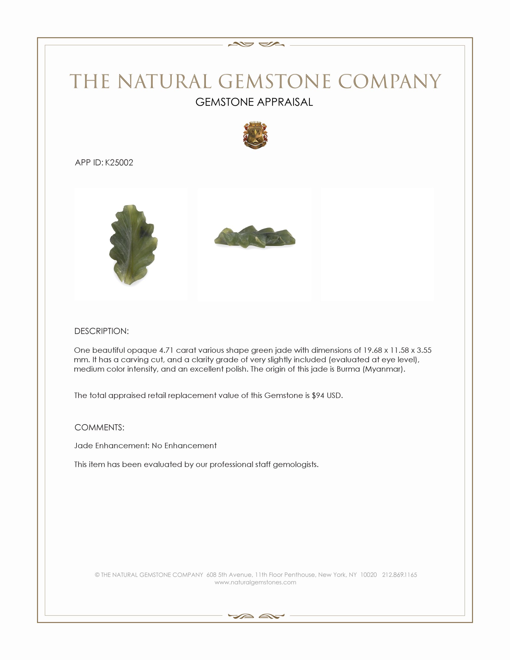 4.71 Ct. Green Jade from Burma (Myanmar)