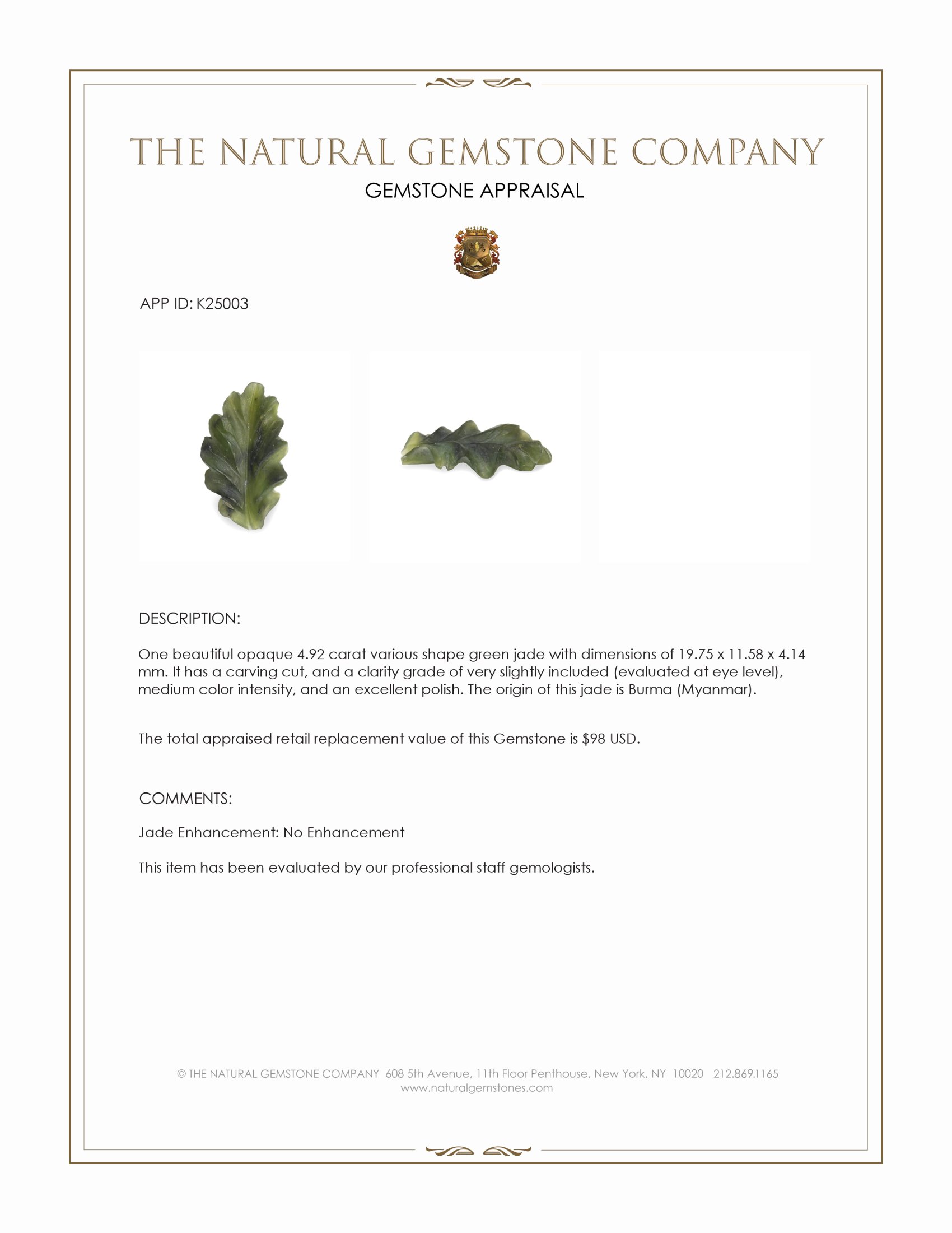 4.92 Ct. Green Jade from Burma (Myanmar)