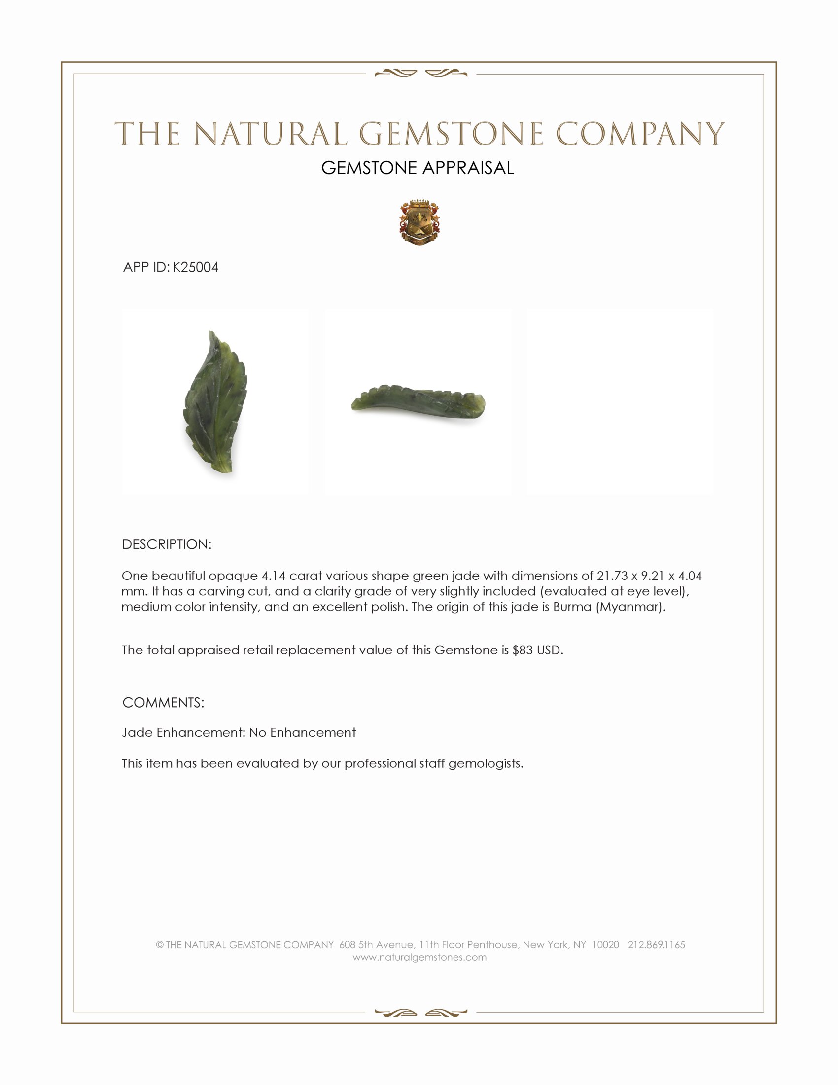 4.14 Ct. Green Jade from Burma (Myanmar)