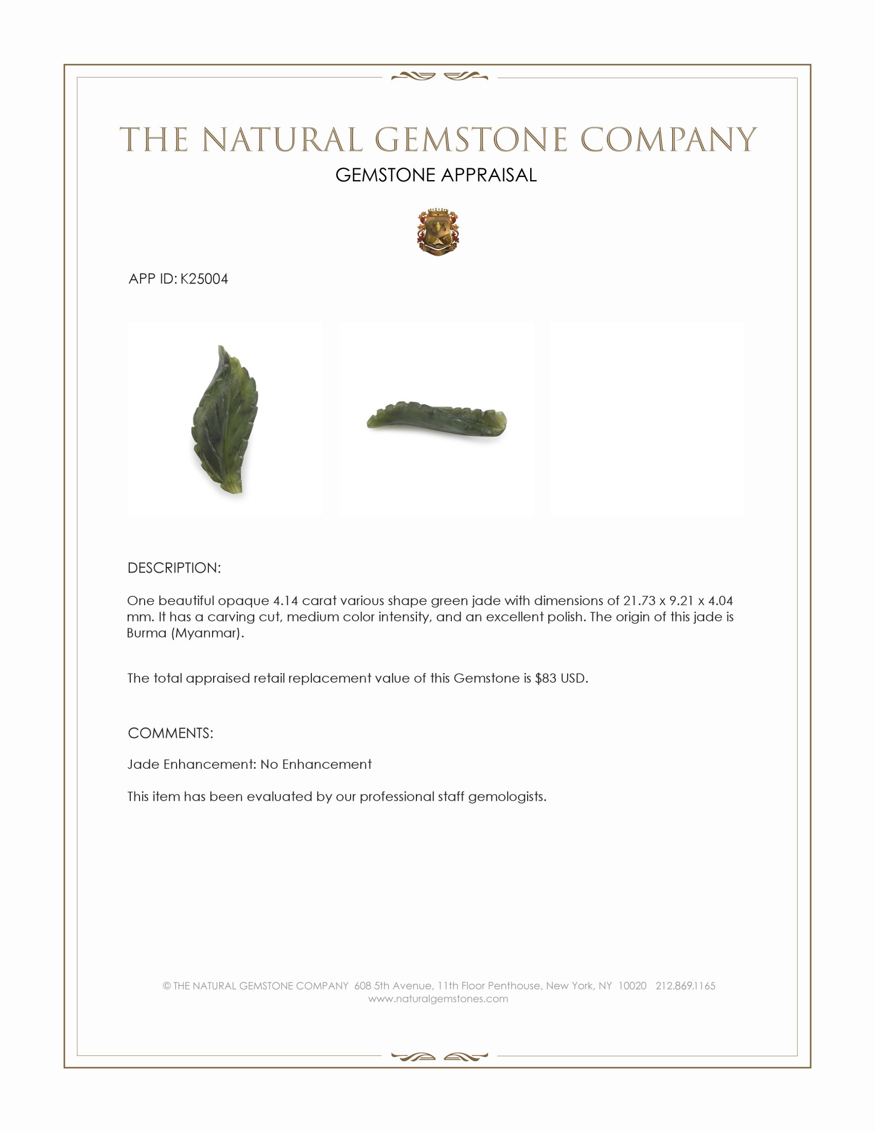 4.14 Ct. Green Jade from Burma (Myanmar)