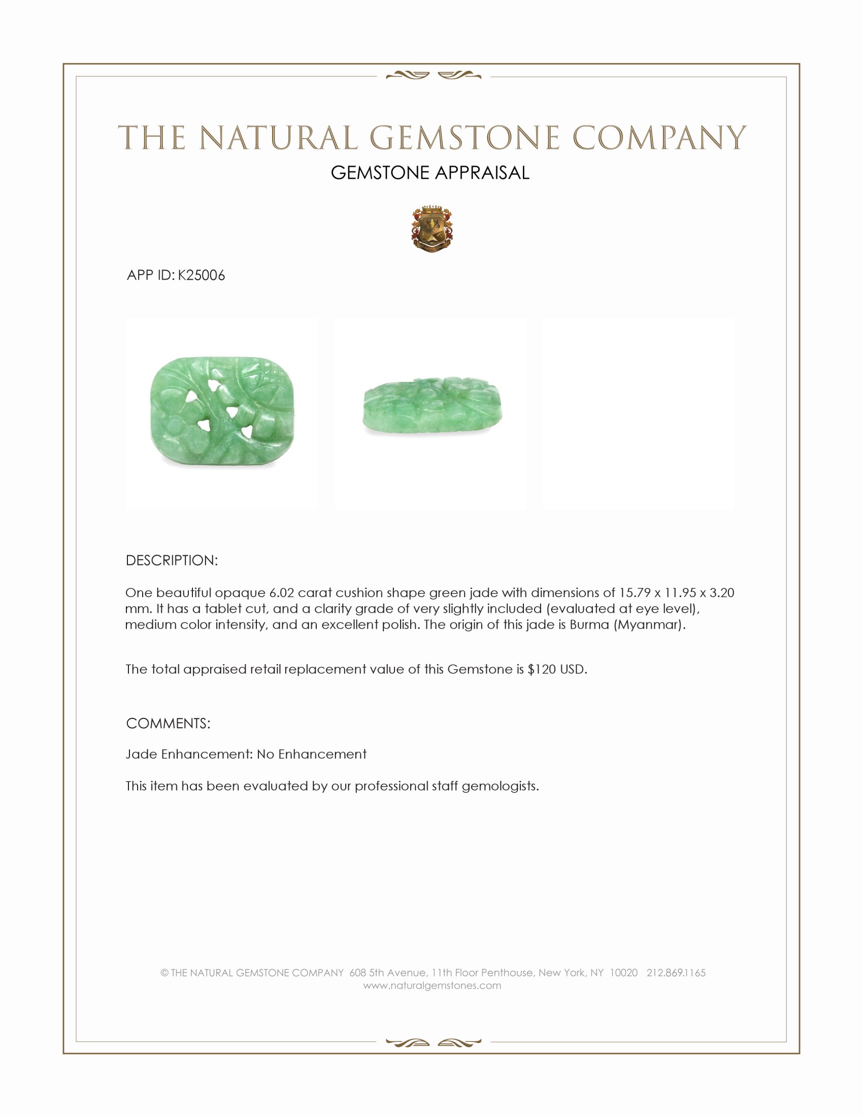 6.02 Ct. Green Jade from Burma (Myanmar)