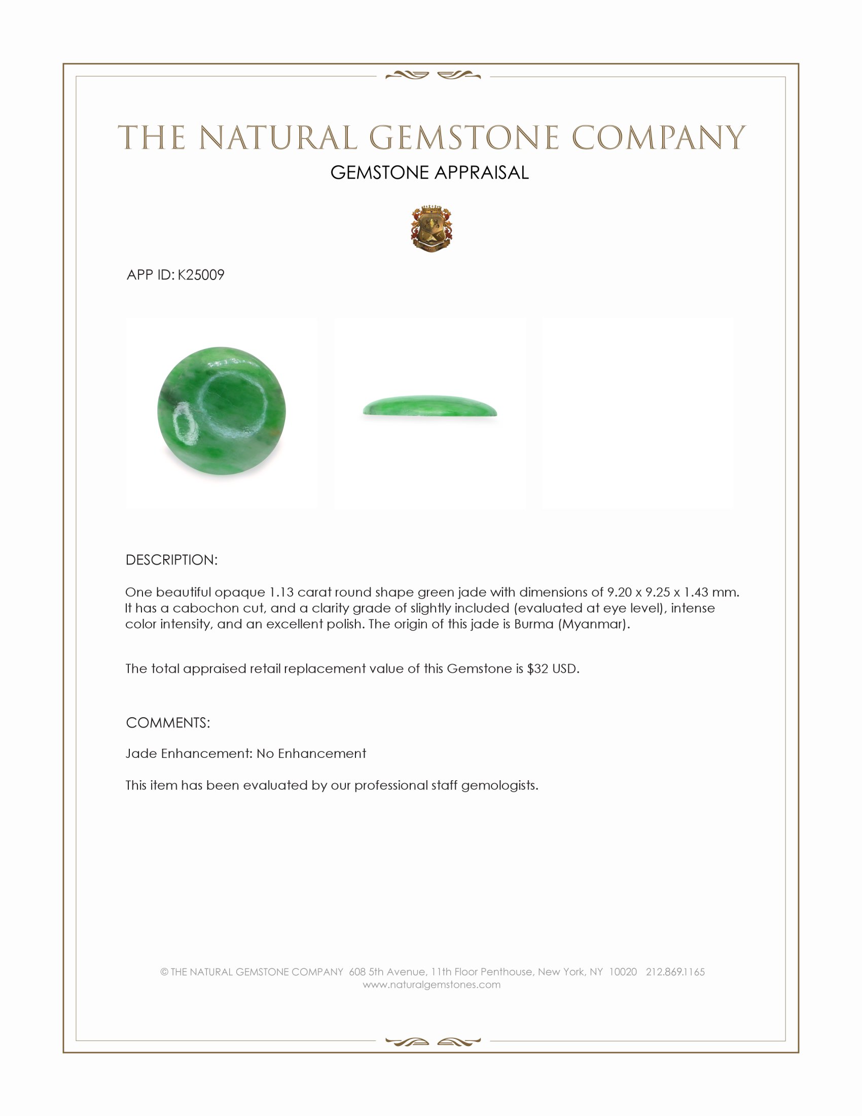 1.13 Ct. Green Cabochon Jade from Burma (Myanmar)