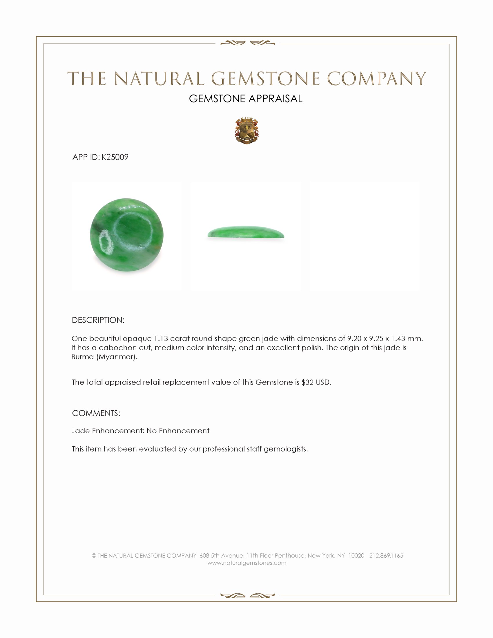 1.13 Ct. Green Cabochon Jade from Burma (Myanmar)