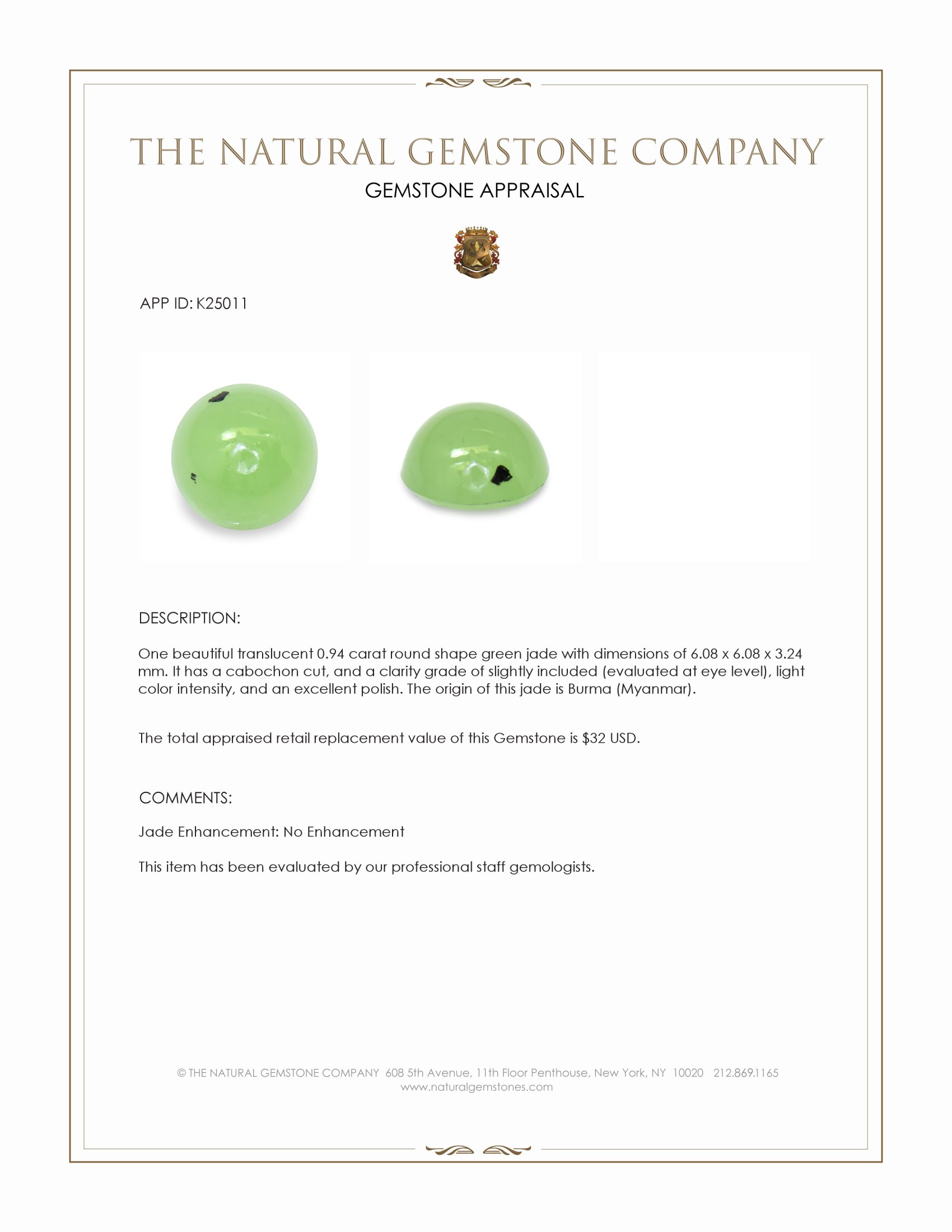 0.94 Ct. Green Cabochon Jade from Burma (Myanmar)