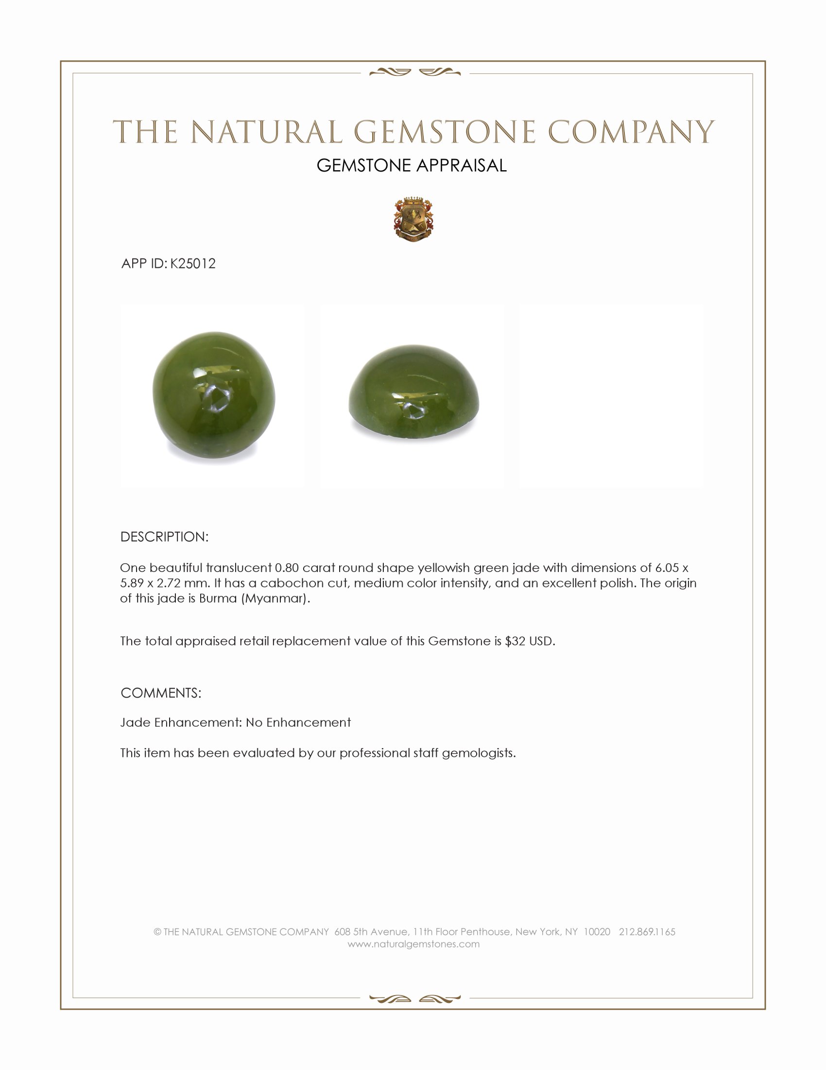 0.80 Ct. Yellowish Green Cabochon Jade from Burma (Myanmar)