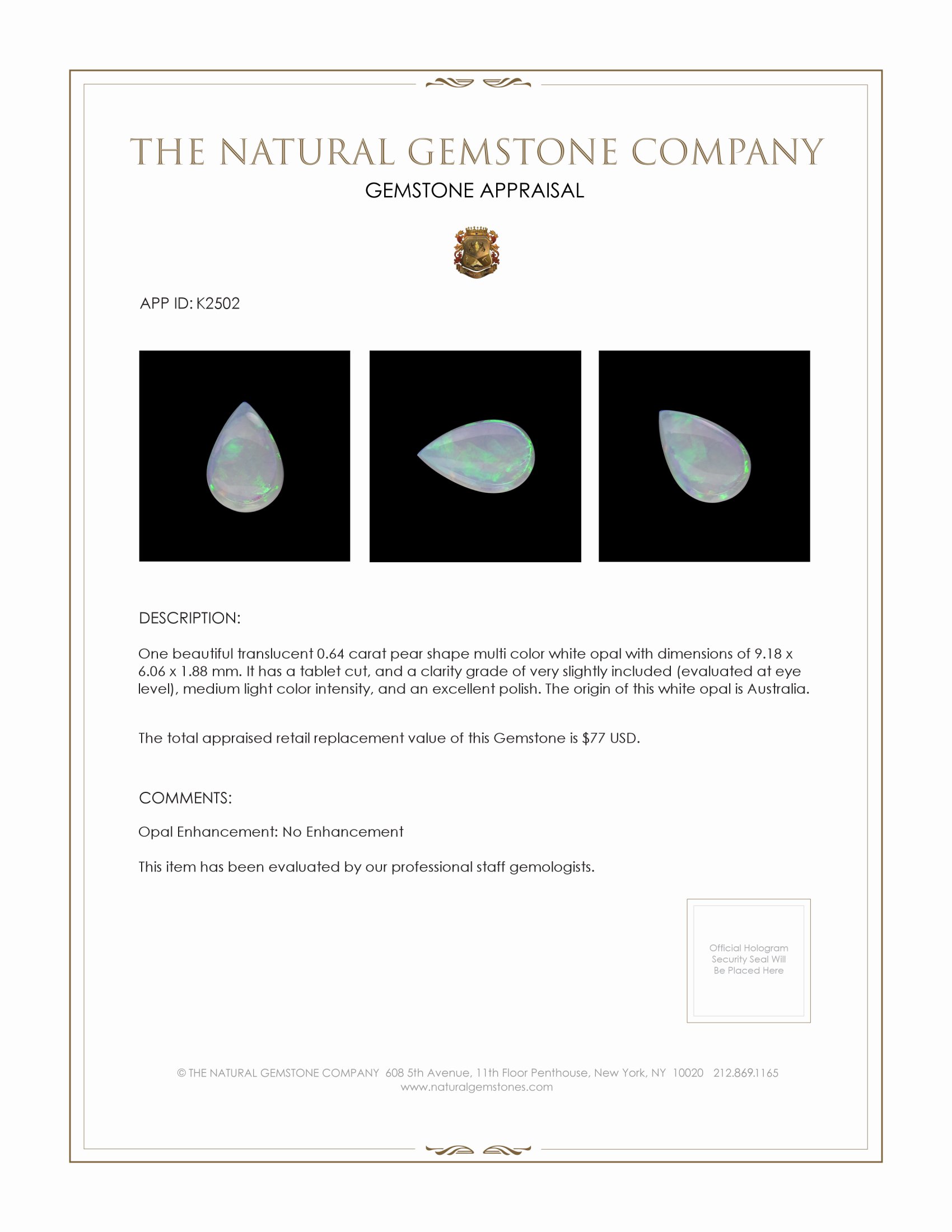0.64 Ct. White Opal from Australia