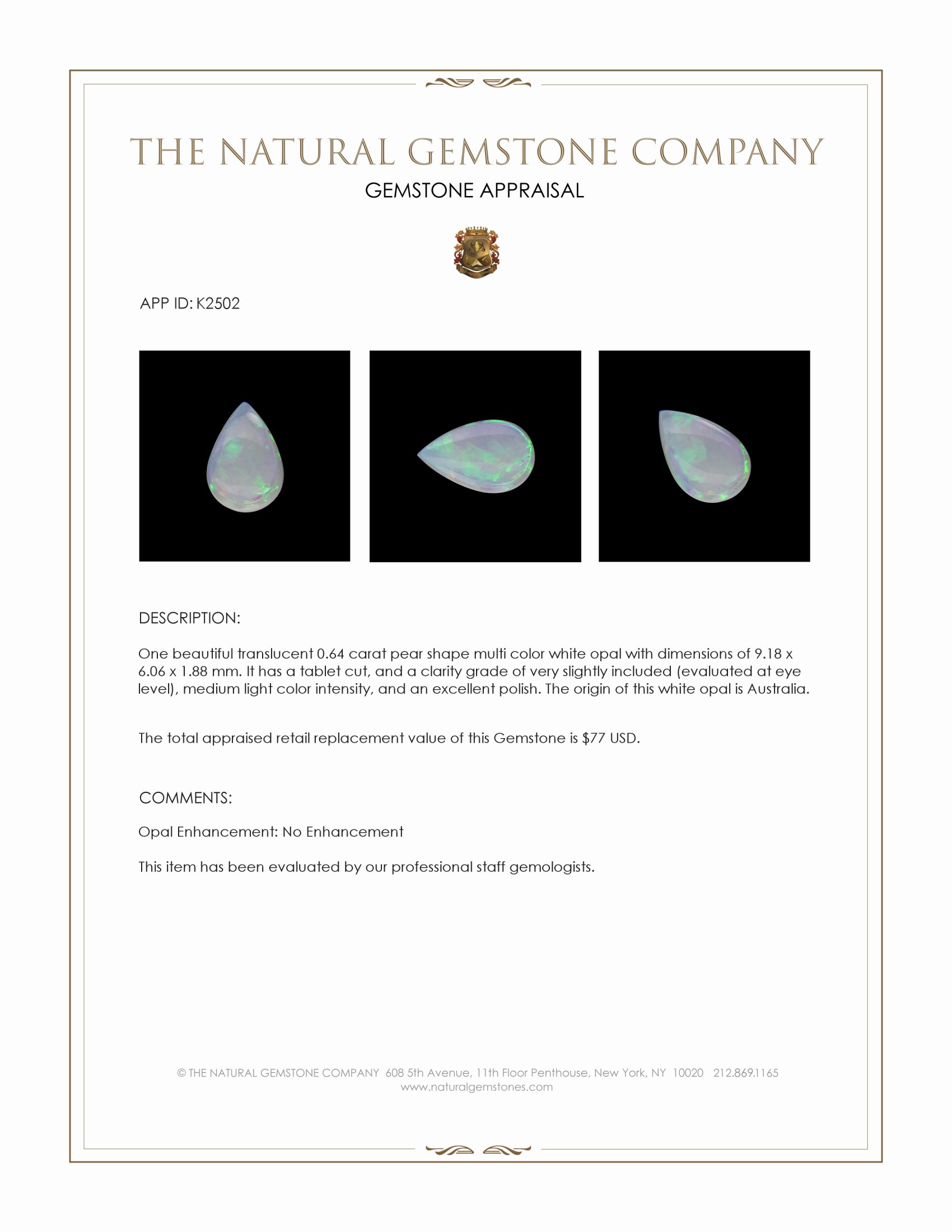 0.64 Ct. White Opal from Australia