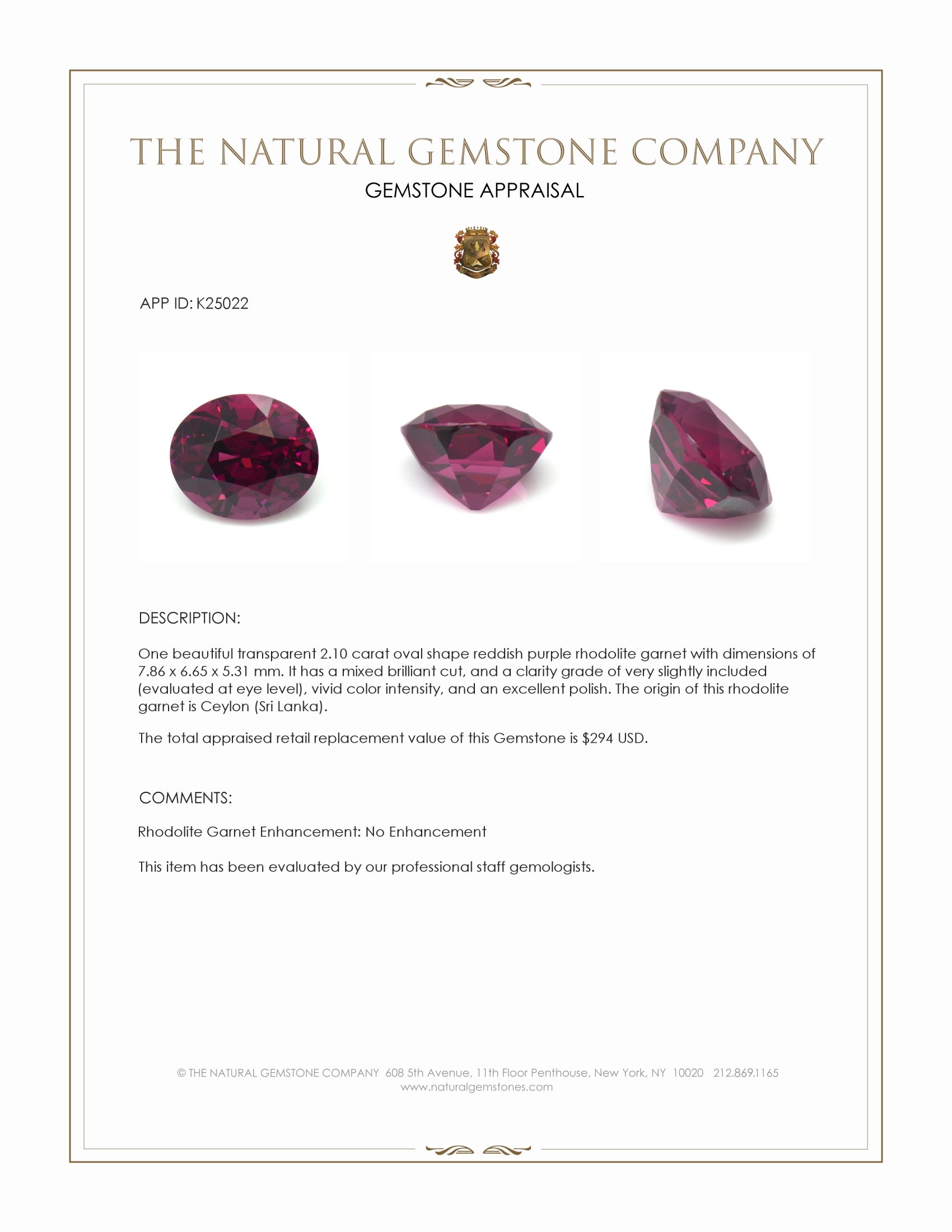 2.10 Ct. Reddish Purple Rhodolite Garnet from Ceylon (Sri Lanka)