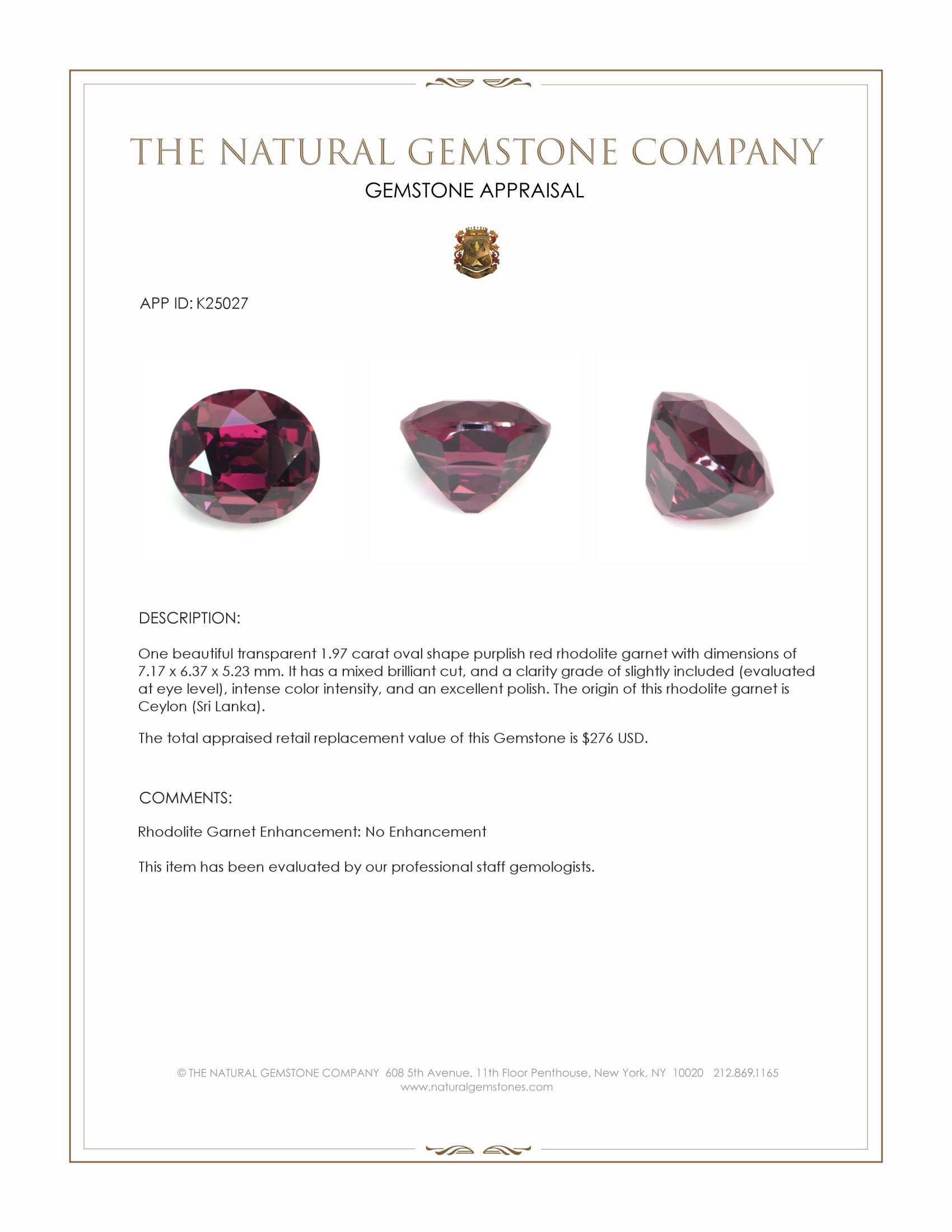 1.97 Ct. Purplish Red Rhodolite Garnet from Ceylon (Sri Lanka)