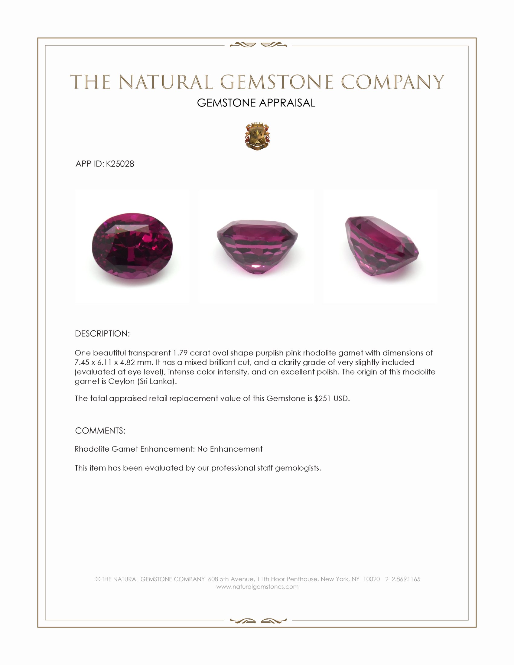 1.79 Ct. Purplish Pink Rhodolite Garnet from Ceylon (Sri Lanka)