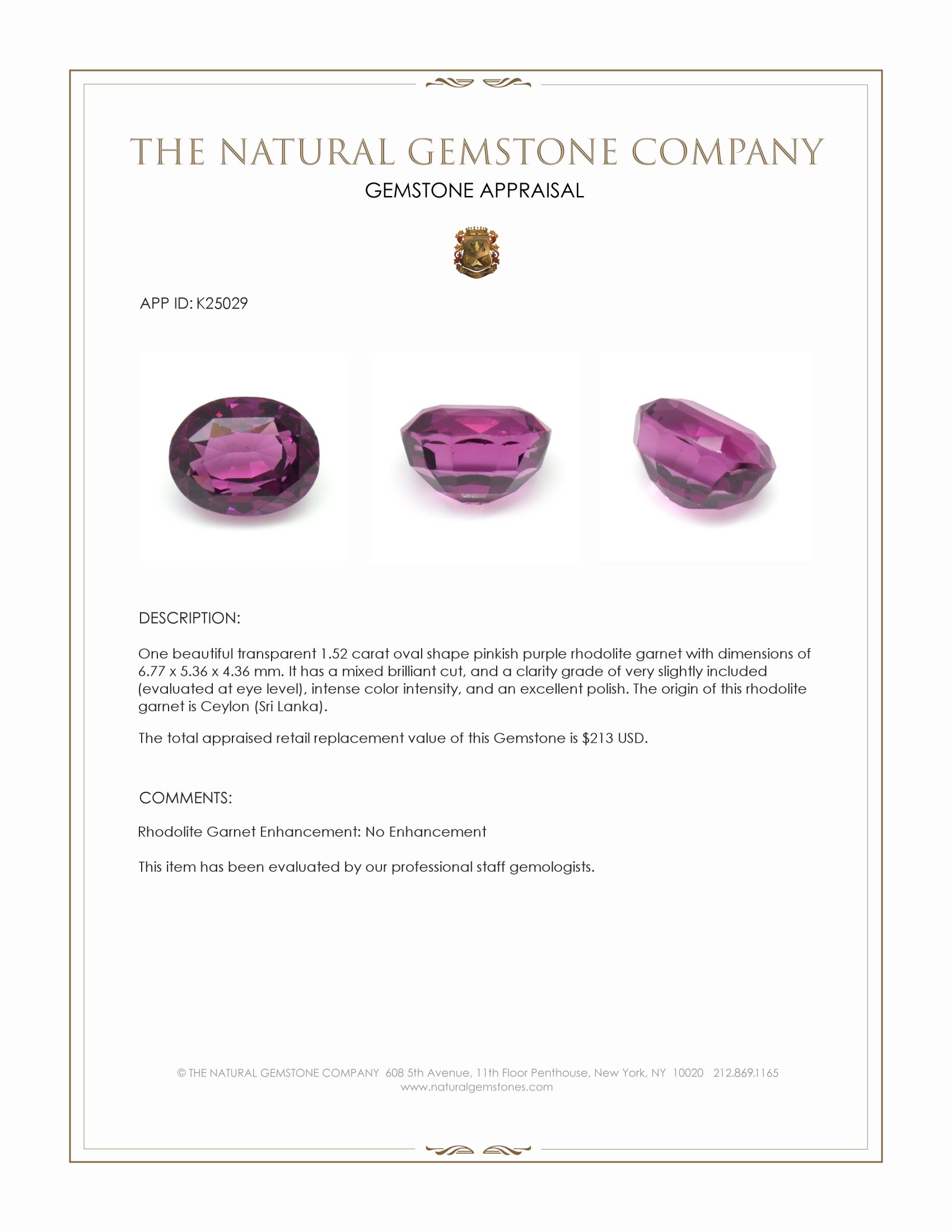 1.52 Ct. Pinkish Purple Rhodolite Garnet from Ceylon (Sri Lanka)