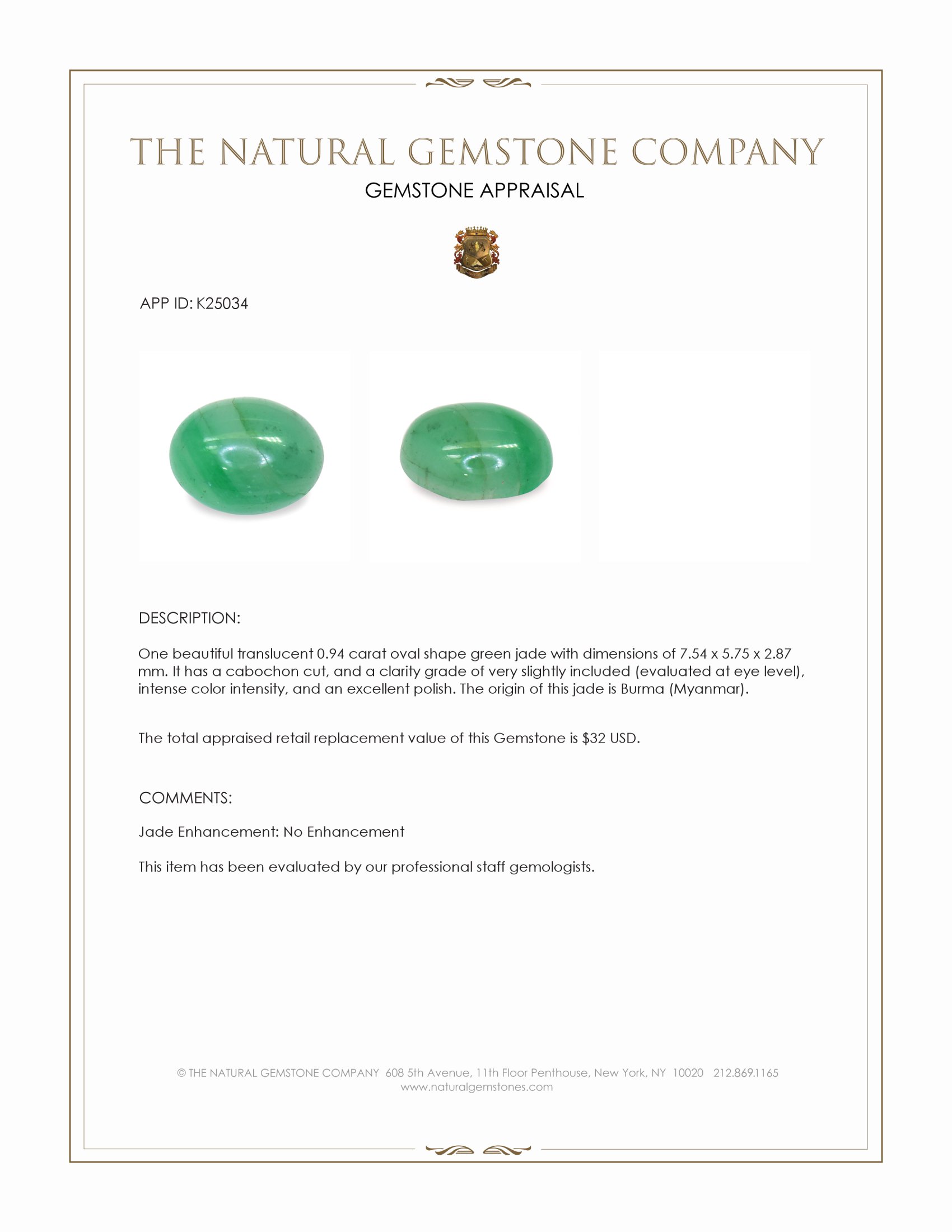 0.94 Ct. Green Cabochon Jade from Burma (Myanmar)