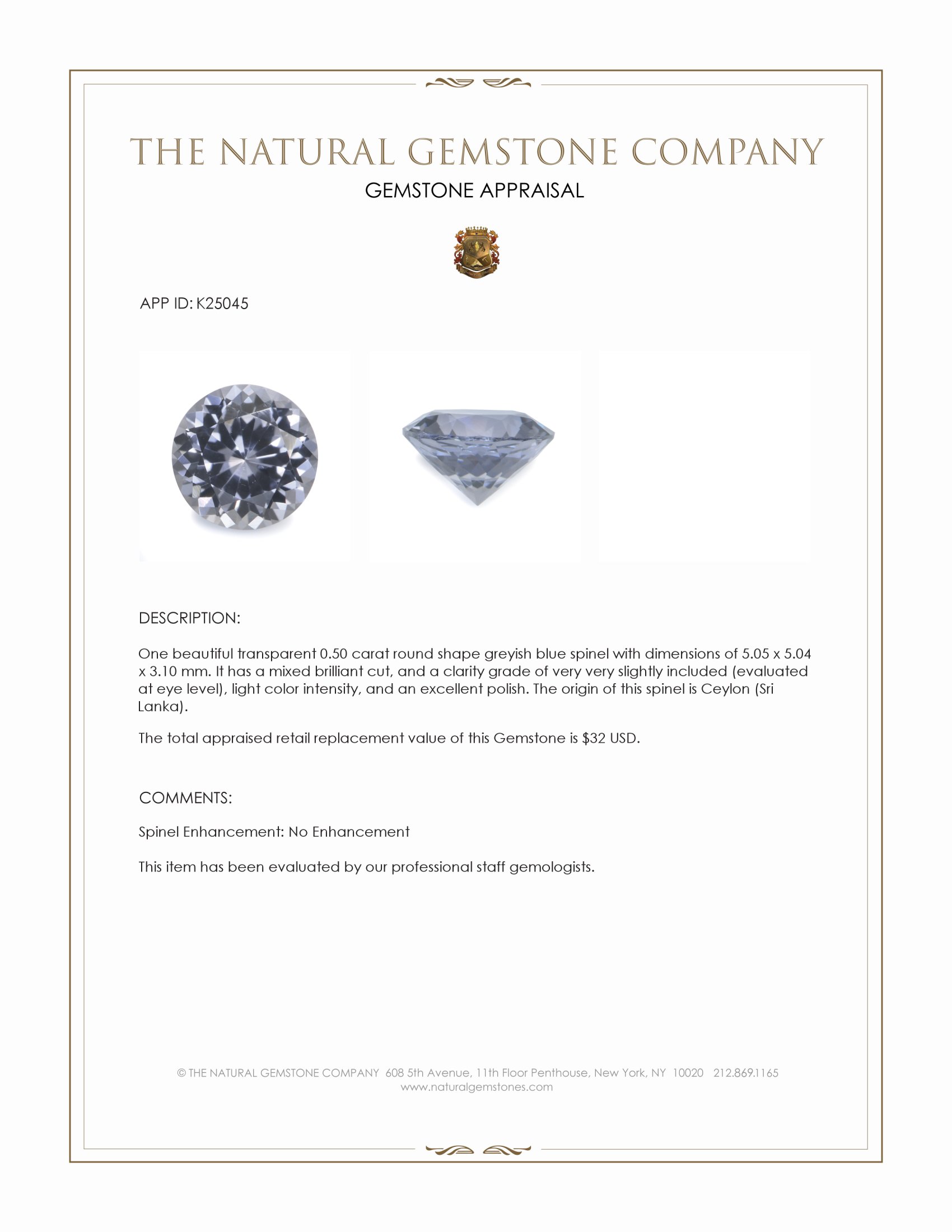 0.50 Ct. Greyish Blue Spinel from Ceylon (Sri Lanka)