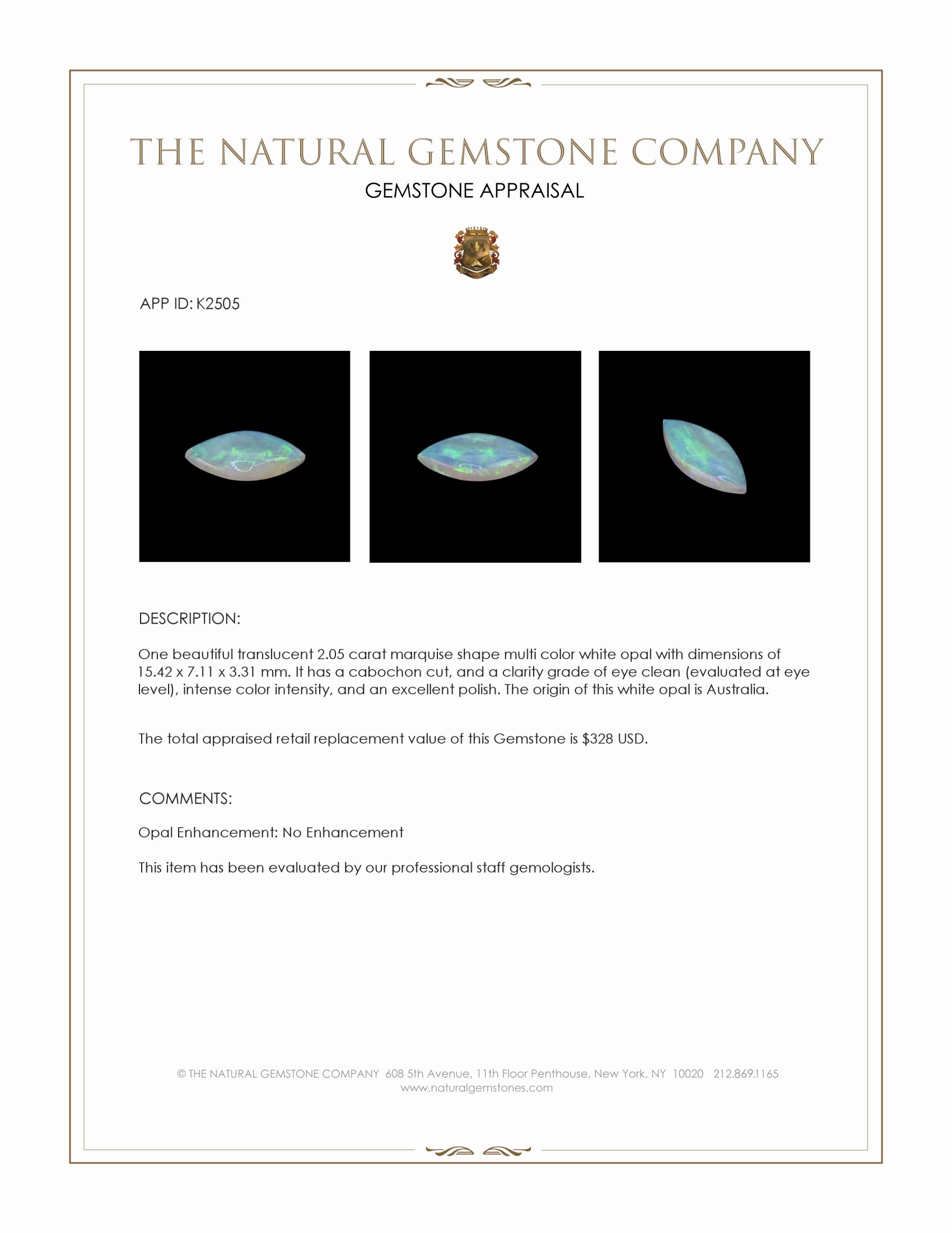 2.05 Ct. Cabochon White Opal from Australia