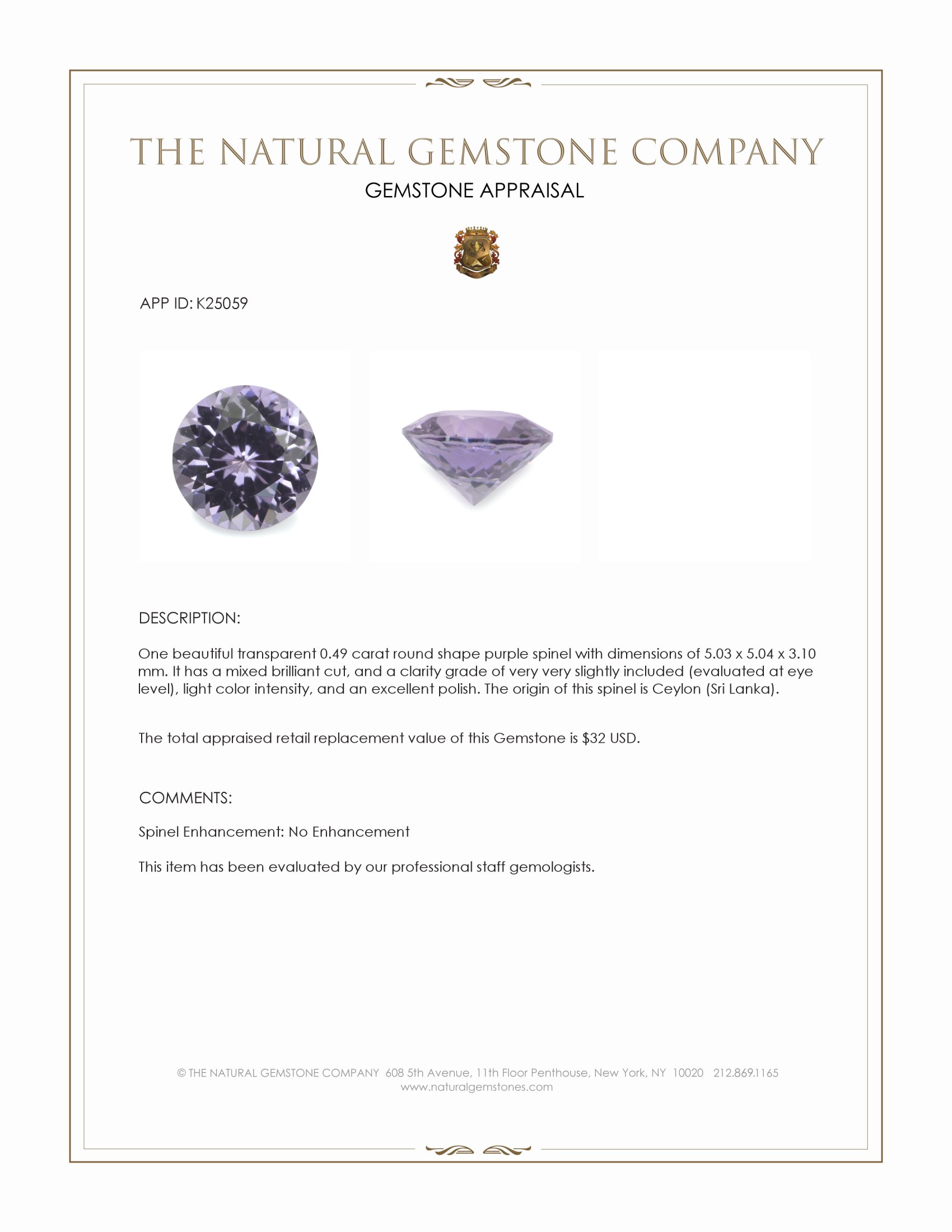0.49 Ct. Purple Spinel from Ceylon (Sri Lanka)