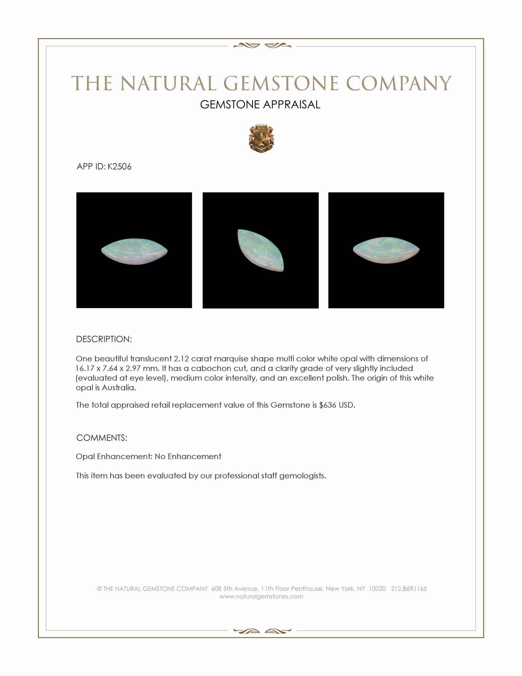 2.12 Ct. Cabochon White Opal from Australia